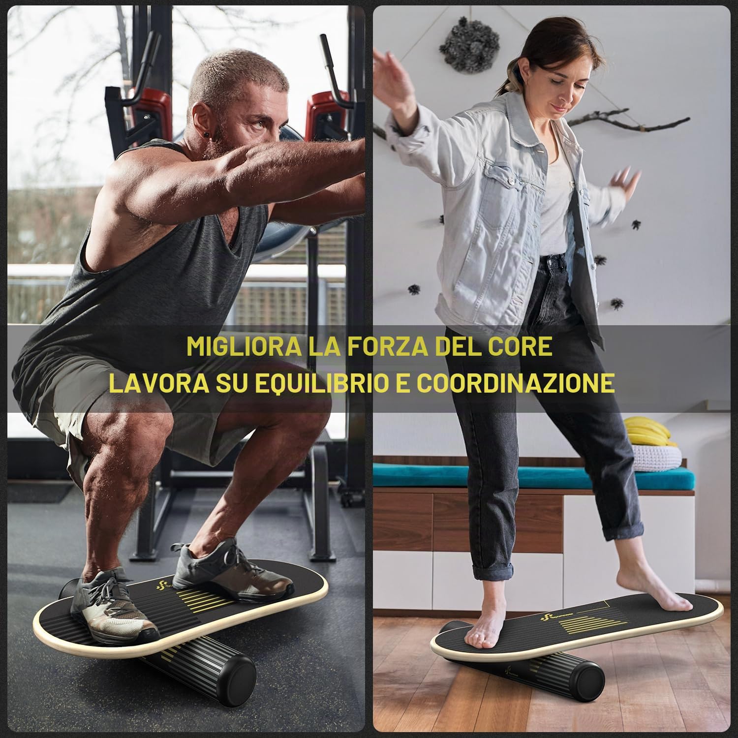 Sportneer Balance Board, 7 modalità, tavola oscillante per interni, skateboard, surf, Balance Board con stopper regolabili, Balance Board in legno, scooter e palla da 7,1 cm inclusi