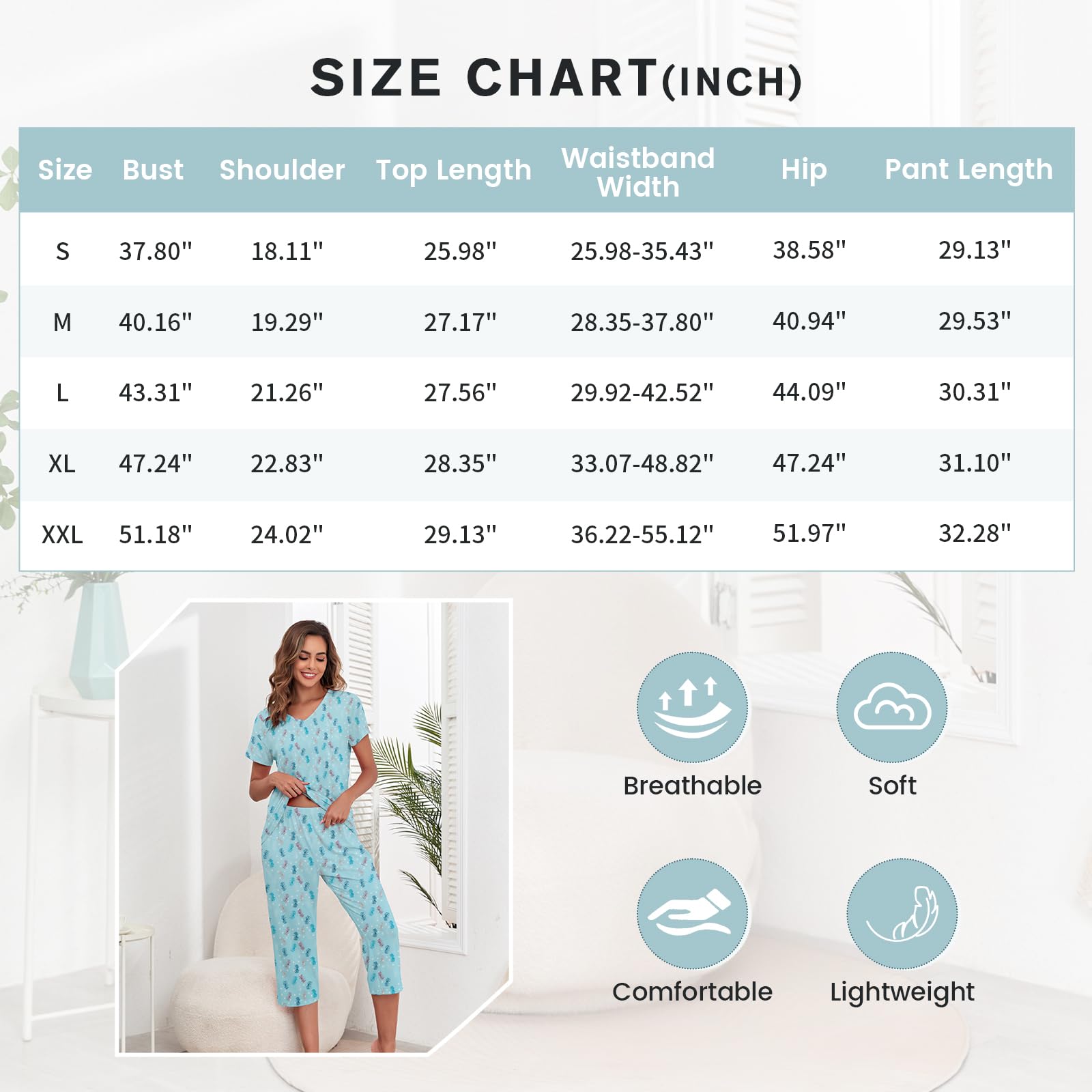 American Trends Paquete de 2 pijamas de algodón para mujer, conjunto de dos piezas de manga corta con pantalones capri, conjunto de pijama de verano