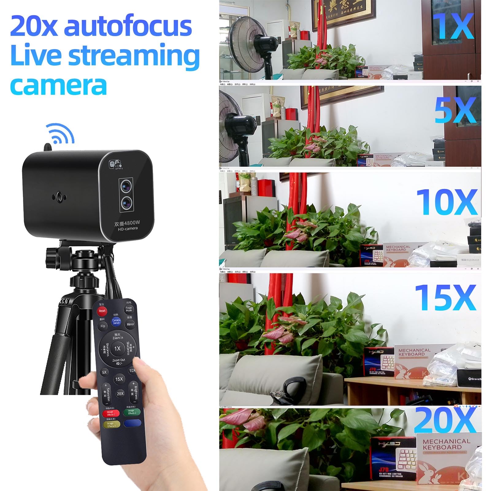 VBESTLIFE Dual 8K Kamera Internetowa, 48MP 20x Zoom Autofocus Professional Camera do Przesyłania Strumieniowego na żywo, z Pilotem, obsługą Statywu