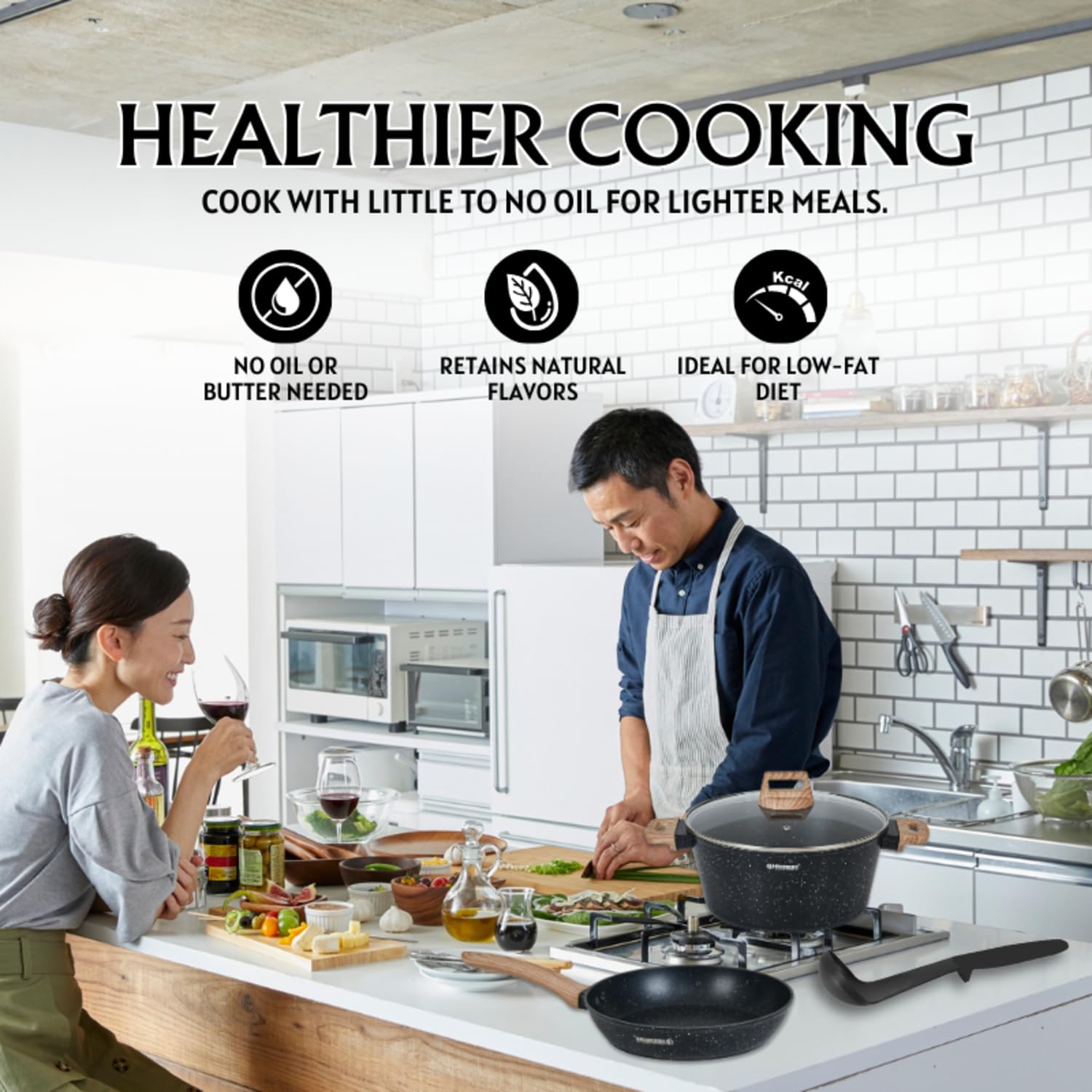 Herzberg Batterie de Cuisine 15 Pièces Aluminium Forgé HGWDMRB15, Noir | aluminium forgé, revêtement antiadhésif, couvercles en verre, ustensiles inclus, induction, lave-vaisselle