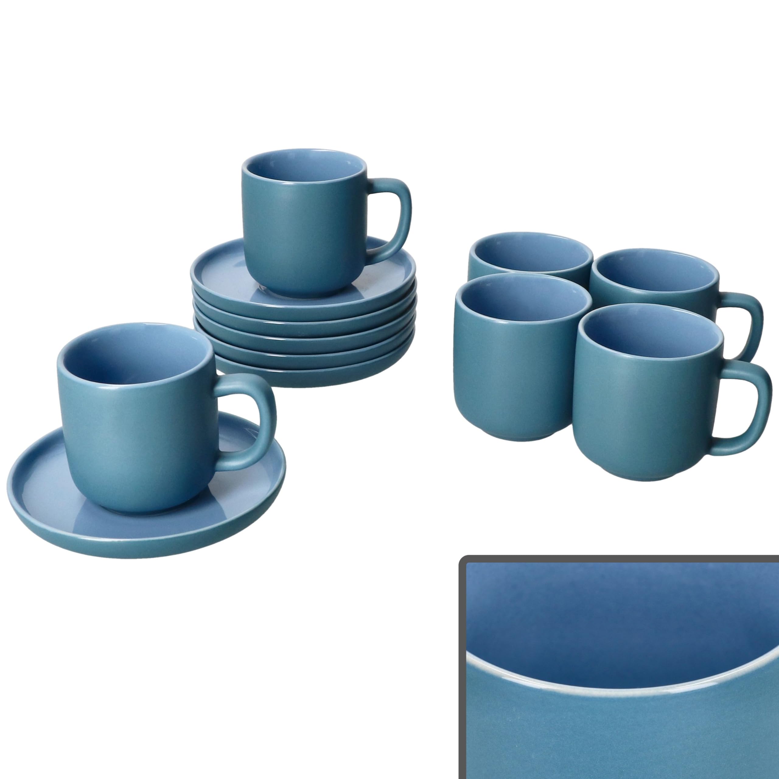 Ritzenhoff & Breker Jasper - Set di 6 tazze da caffè con piattini blu oceano, per 6 persone, in gres, per colazione e caffè, 6 tazze piccole da 70 ml, altezza 6 cm e piattini