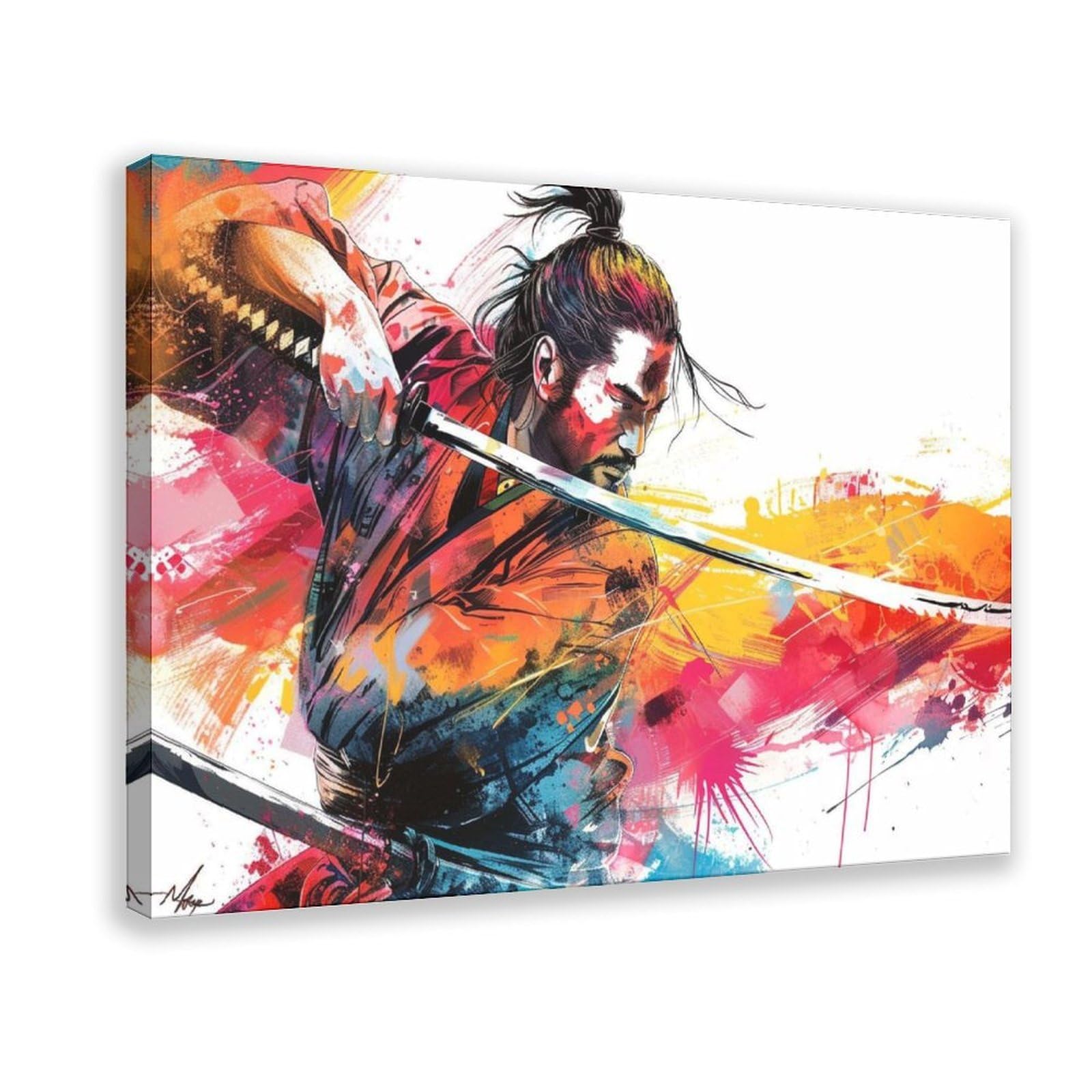Pyberon Frame-Style Colorful Samurai Canvas Poster For Office Decor Gift