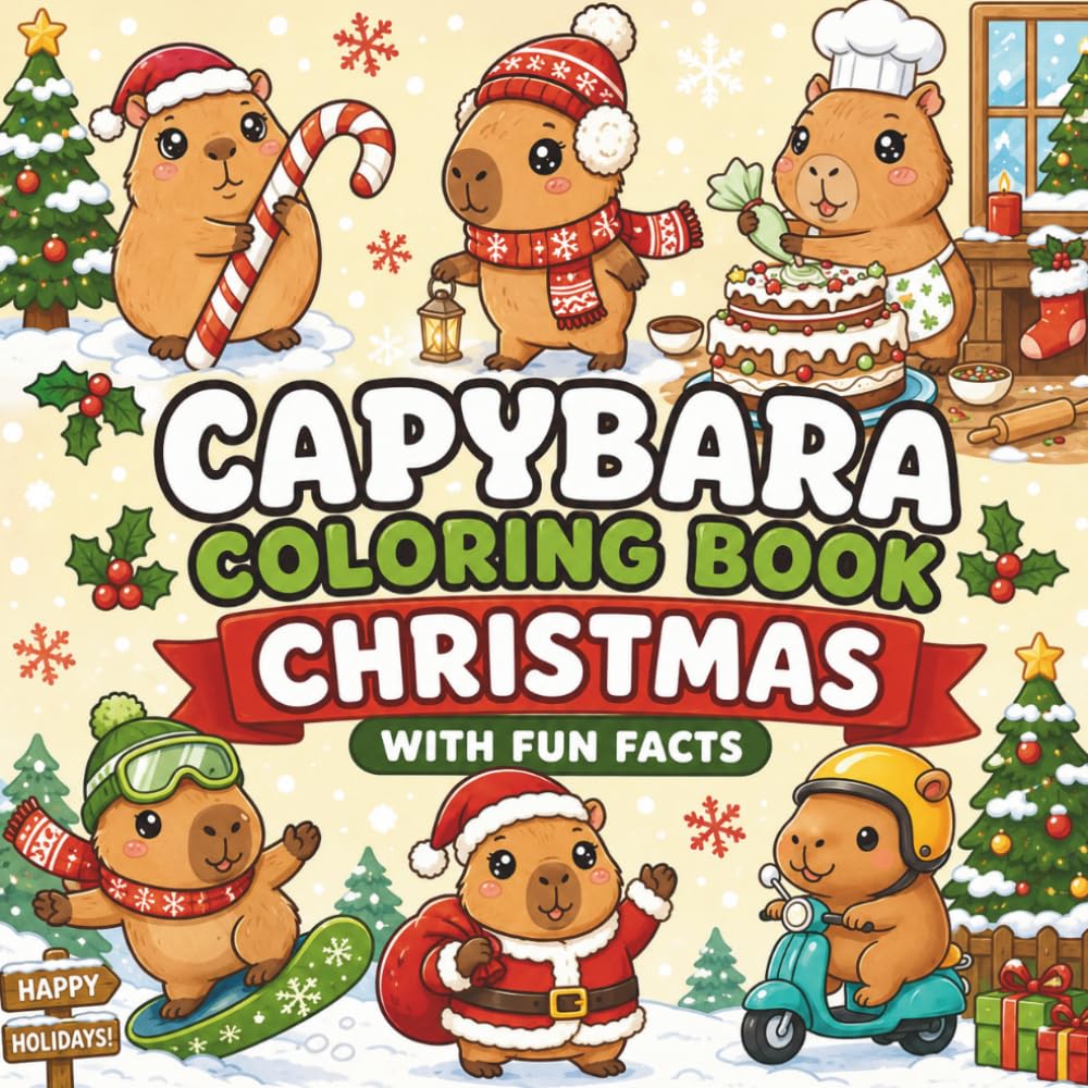 Christmas Capybara Coloring Book: 50+ Cute Capybara Coloring Pages with Fun Facts | Bold and Easy Xmas Illustrations for Kids and Adults (Keep Calm and Capy On: The Ultimate Capybara Coloring Series)