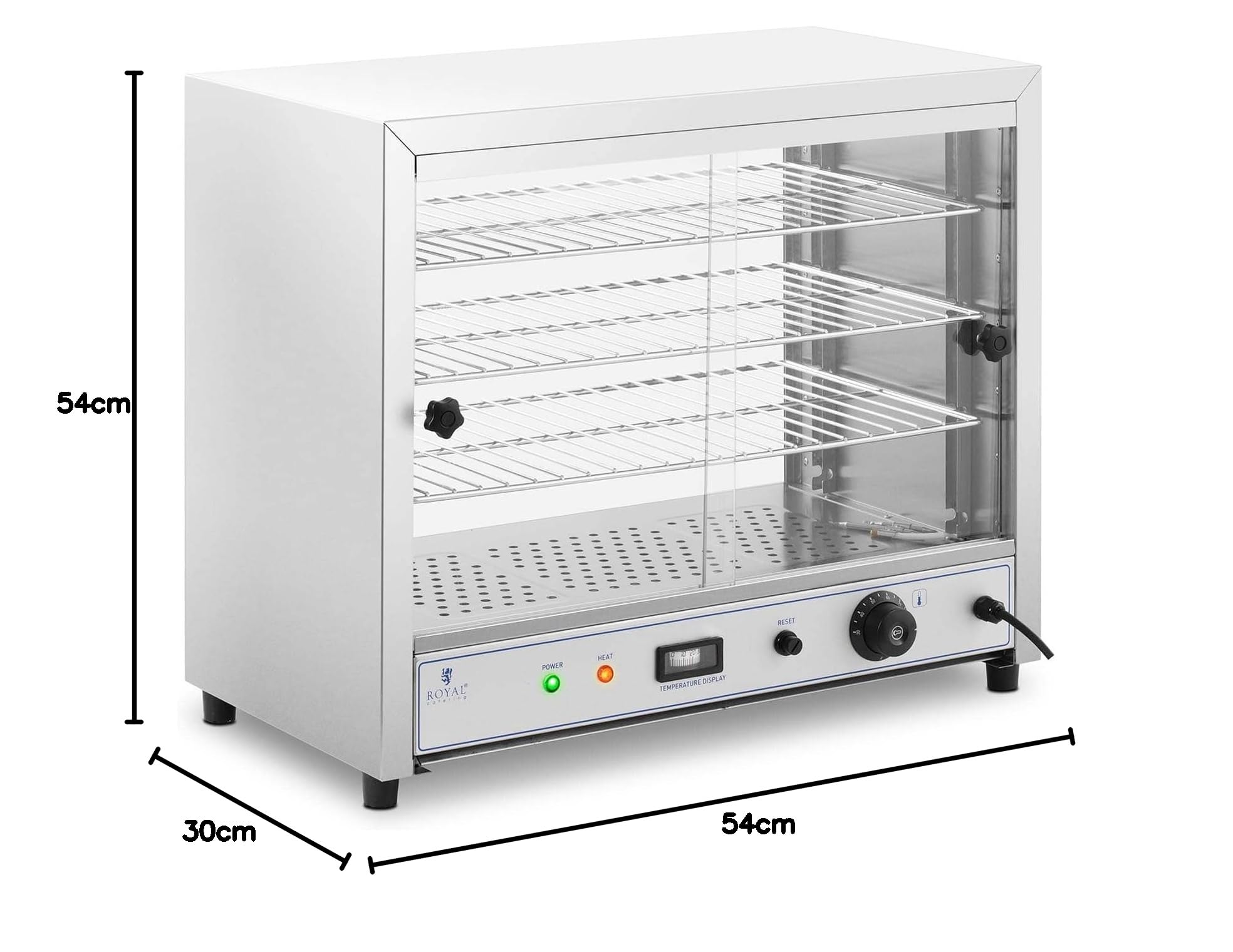 Royal Catering RC-WC001 Vitrine Chauffante Présentoir Chauffant De Maintien Au Chaud À Poser(1 000 W, 30 - 85 °C, 3 Grilles De 56,6 x 30 cm)