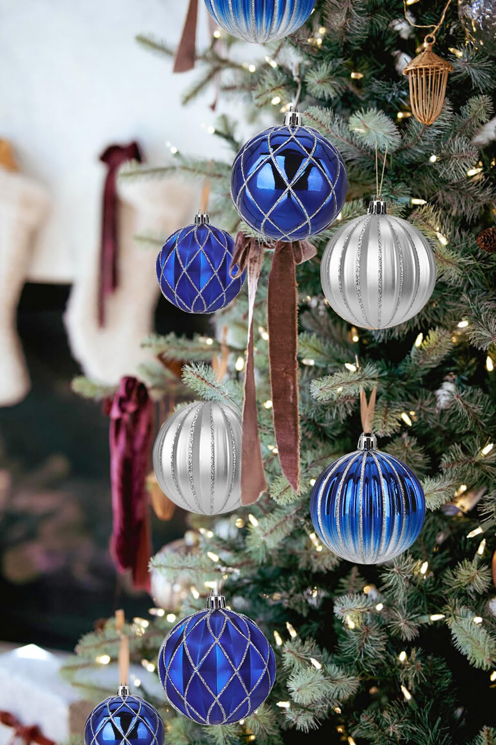 Set di 12 Baubles di Natale 8 CM - Decorazioni per Albero di Natale in Plastica Blu Scanalate