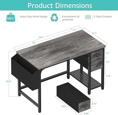 Miniatura 3 de Lufeiya Escritorio para computadora con cajones de tela, escritorio de juegos de 40 pulgadas para espacio pequeño, oficina en casa, mesa moderna y