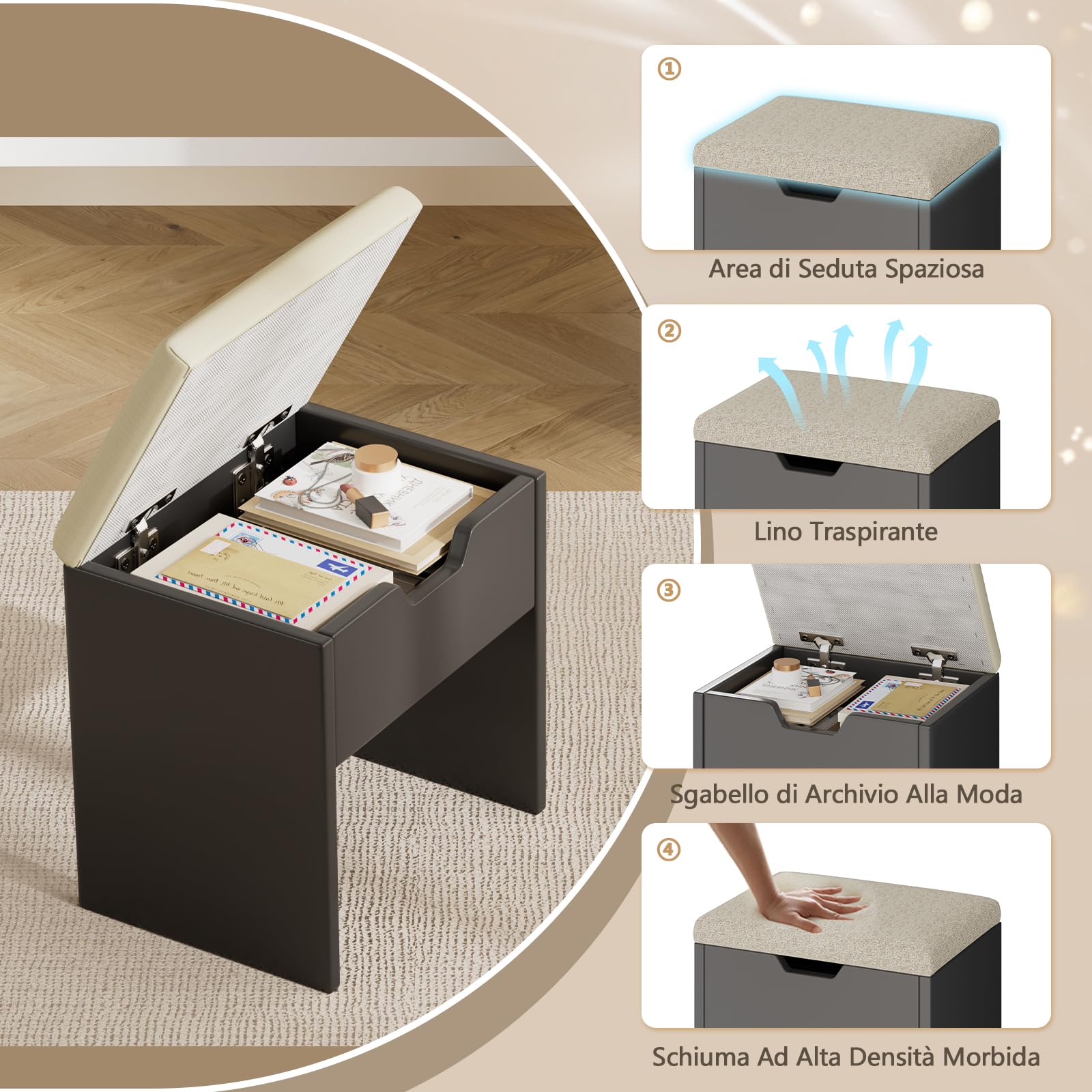 Toeletta Trucco Con Luce LED E Specchio - Tavolo Con 2 Cassetti E Sgabello, Nero Moderno - Foto 12