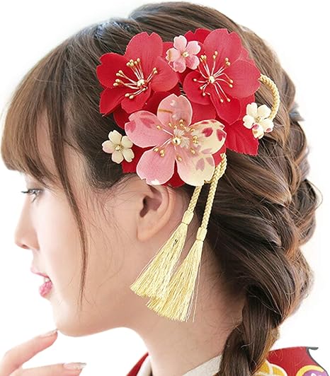 Amazon Co Jp ソウビエン 成人式 髪飾り 水引 振袖用 和装 卒業式 2点セット 桜 縮緬 房紐 赤 レッド ファッション