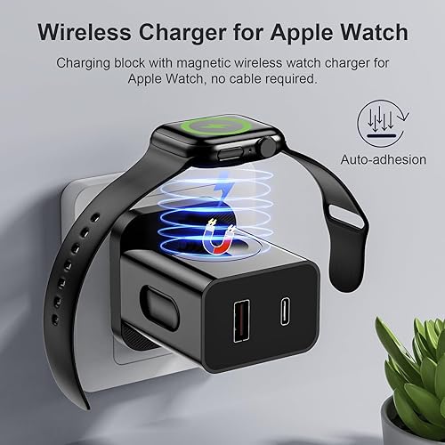 Miniatura 5 de QTHN Cargador de 20 W para Apple Watch, PD 3 en 1, cargador rápido portátil con carga inalámbrica magnética, doble puerto USB C, bloque de cargador