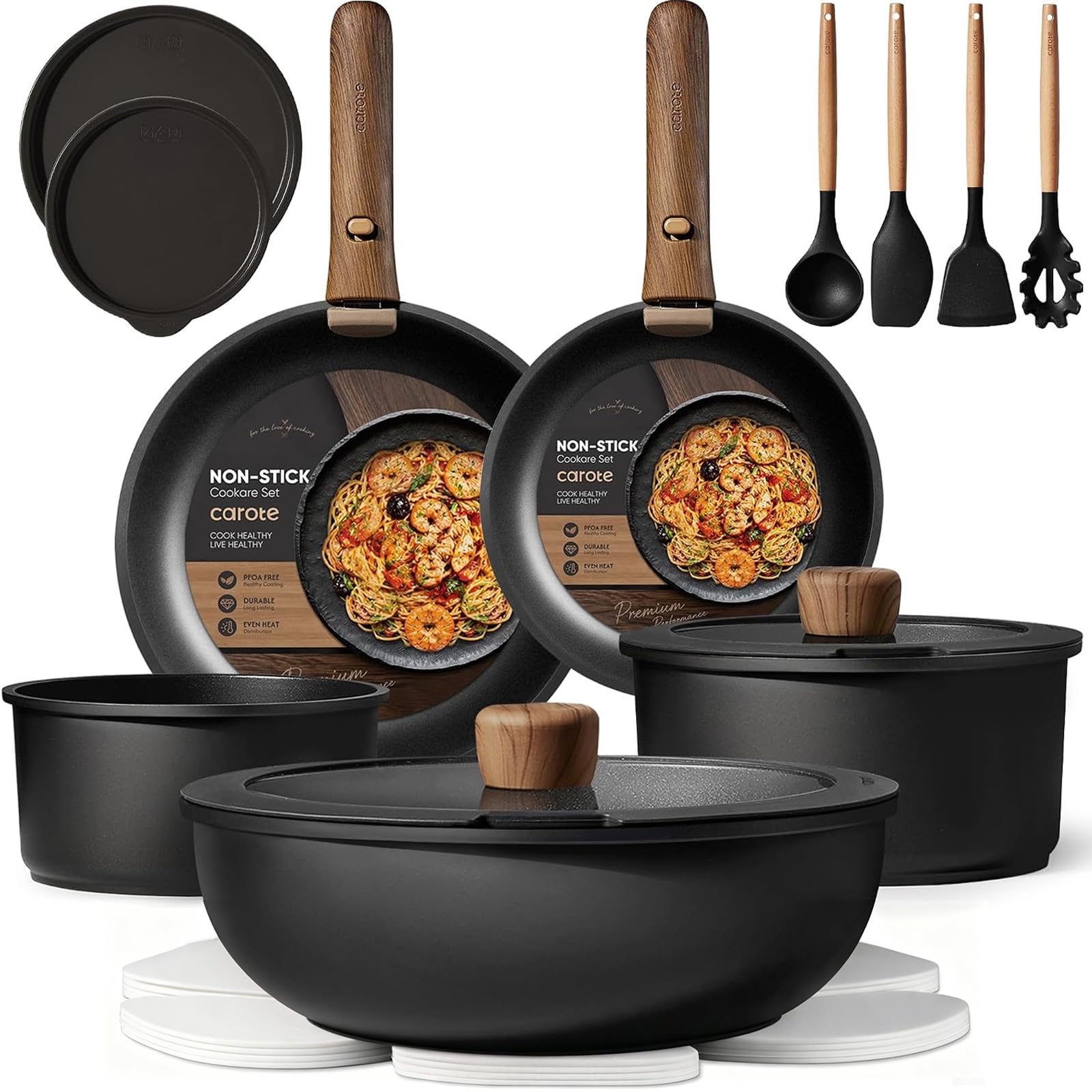 CAROTE Cookware Set Nonstick,19pcs Pots and Pans Non Stick, Cookware Sets Detachable Handle, Induction Kitchen Pots and Pans,NonStick Cooking Set, Oven/Dishwasher/Fridge Safe, Space Saving
