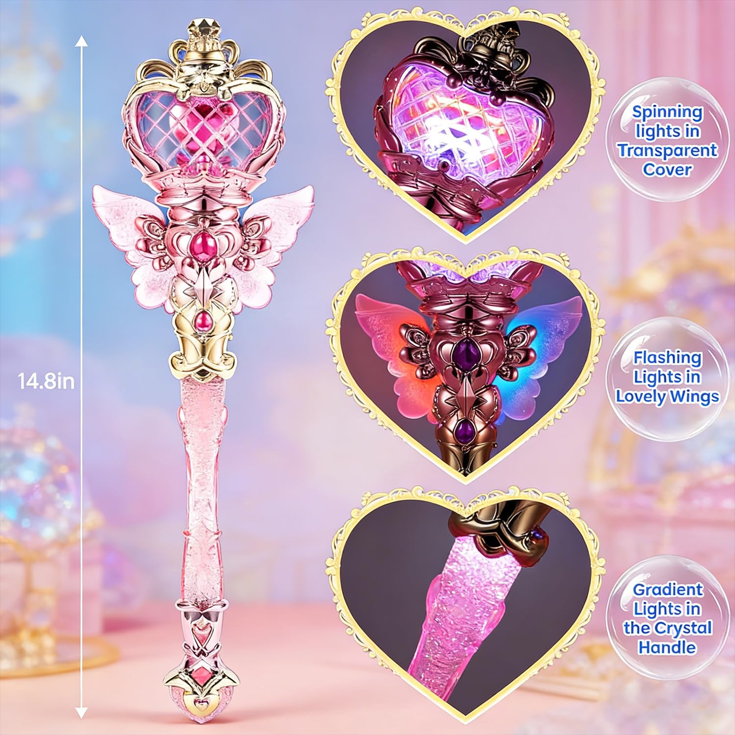PATPAT® Light-Up Princess Magic Wand with Music, USB Rechargeable LED Fairy Magic Stick with Heart Crown & Angel Wings, Fantasy Role-Play Magical Stick Costume Party, Cosplay, Pretend Play & Gifting 1