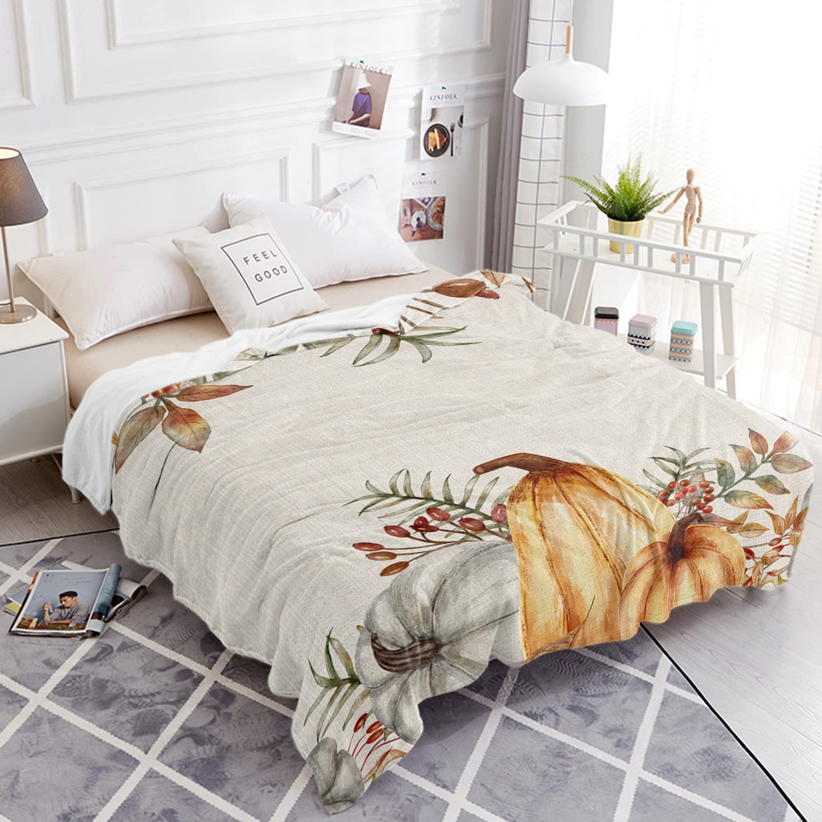 fifbird Coperta in flanella, 101,6 x 127 cm, motivo: zucca del Ringraziamento, coperta morbida e calda per letto, divano, viaggi, campeggio, fattoria, bacche, lino retrò