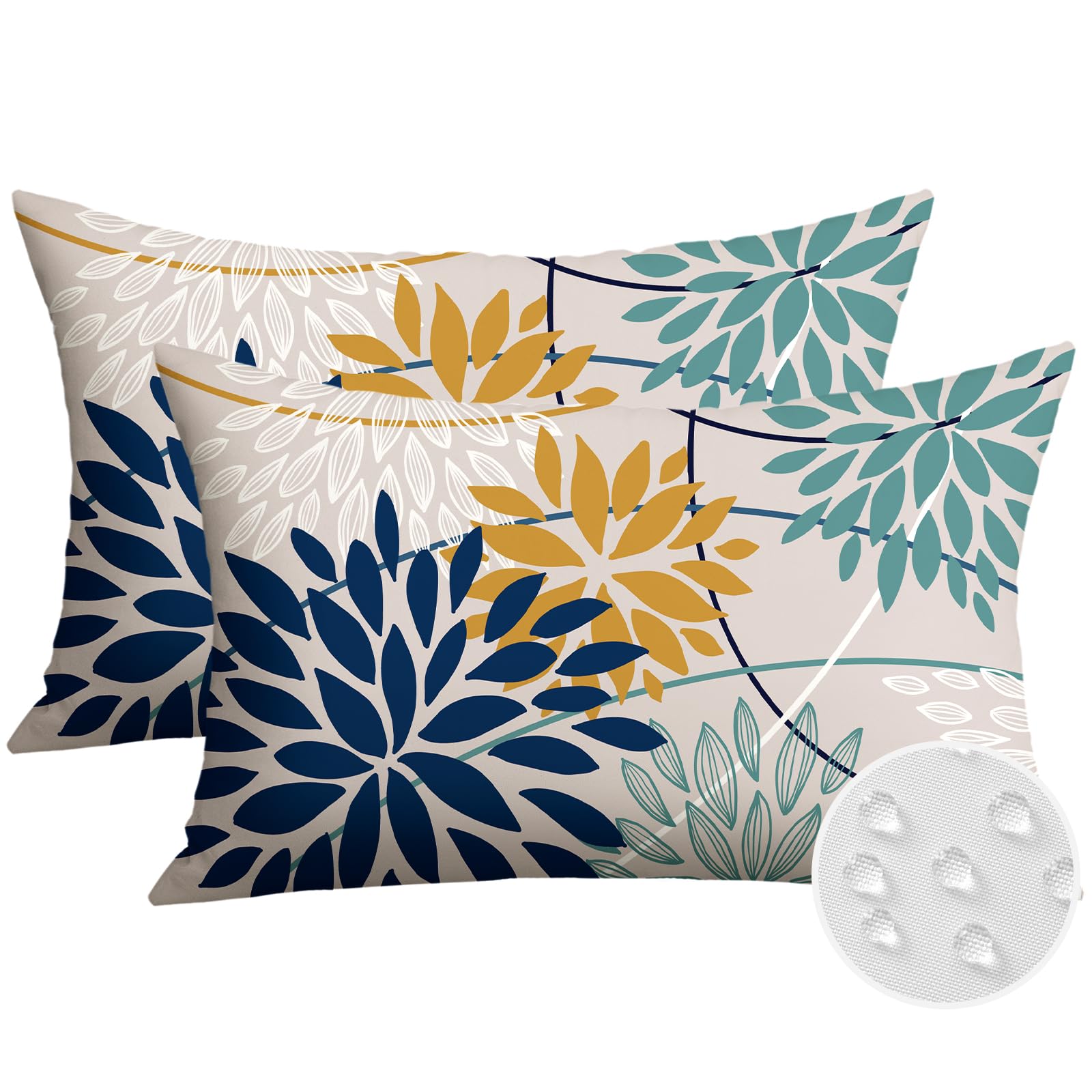 JOTOM Outdoor Cushion Covers 30x50 cm Set of 2 Flowers Waterproof Decorative Throw Pillow Covers Floral Lumbar Pillowcases for Patio Sofa Couch Bench Tent Indoor Decoration Blue Teal