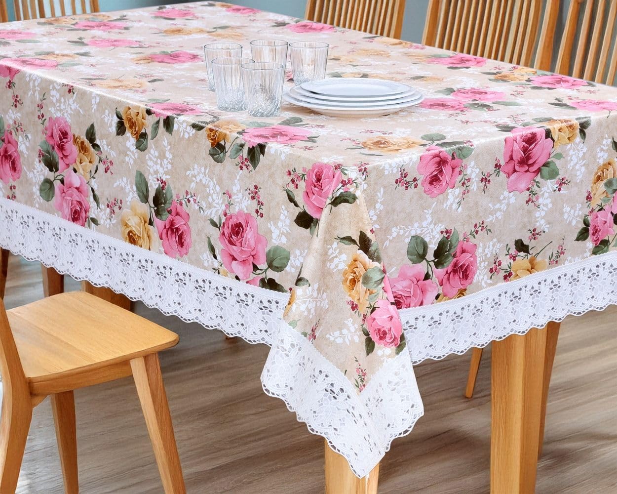 The Furnishing Tree Modern PVC Dining Table Protector – Waterproof, Dustproof & Table Cover for 4 Seater with Lace Border - Dimension WxL in Inches (54x78), Floral Rose Bouquet Print-image-35
