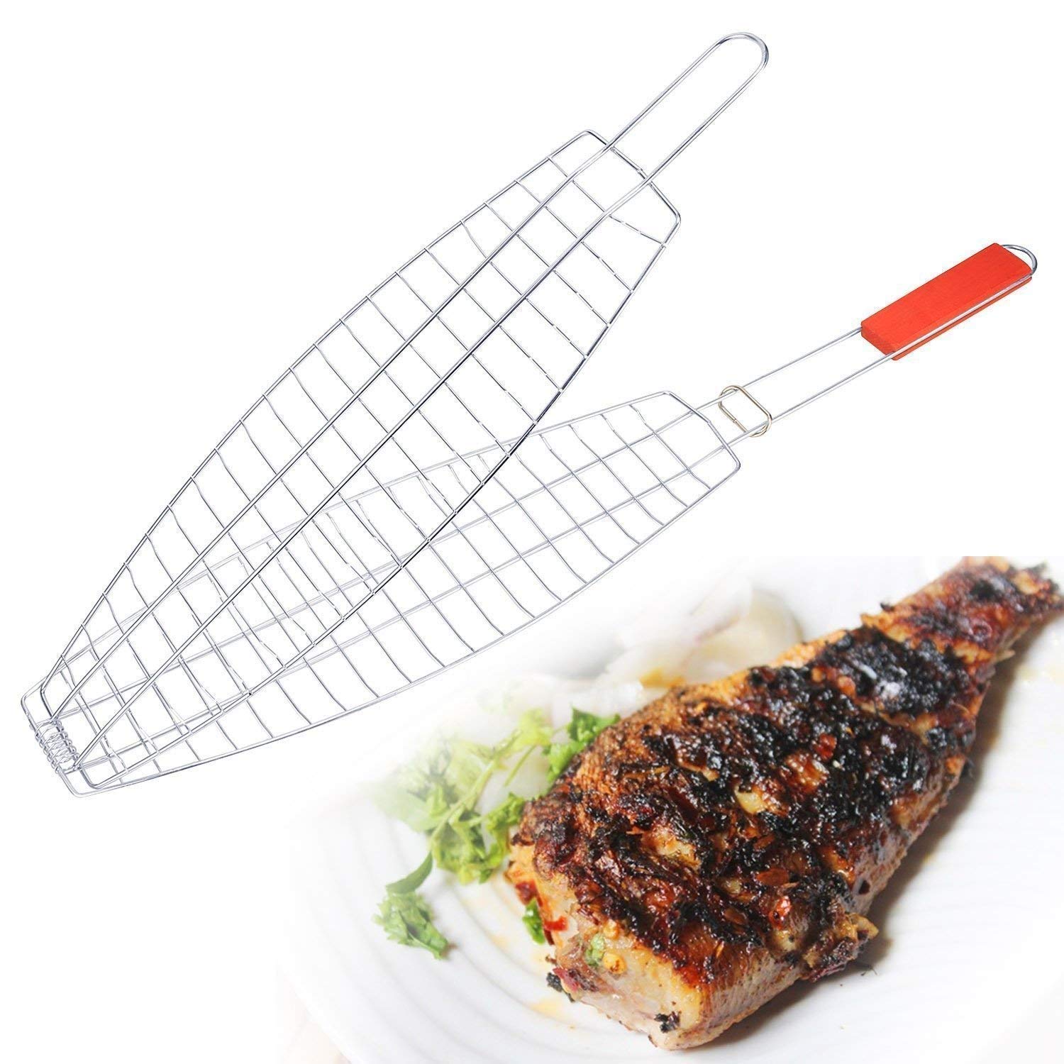 Plated Fish Barbecue Grill Net Basket with Wooden Handle (Multicolour)-image-33