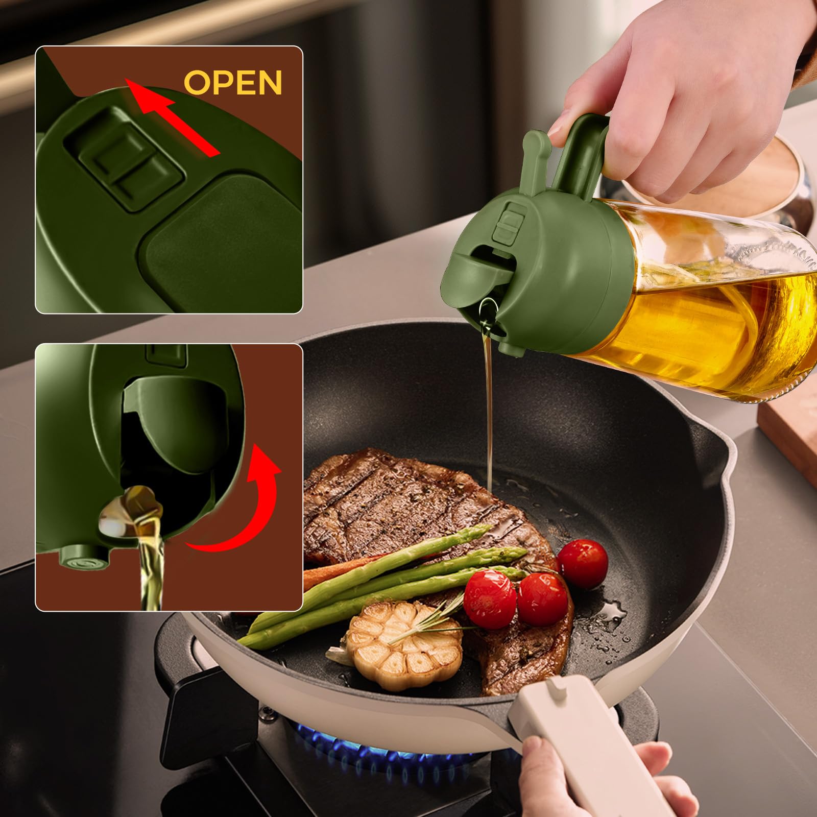 YARRAMATE 4er-Pack Olivenölzerstäuber zum Kochen, 16 oz Glas-Öldosierer-Set mit UV-geschütztem Dunkelglas, 2-in-1-Ölsprüher für Heißluftfritteuse, ästhetische Küchenhelfer & Geschenkset