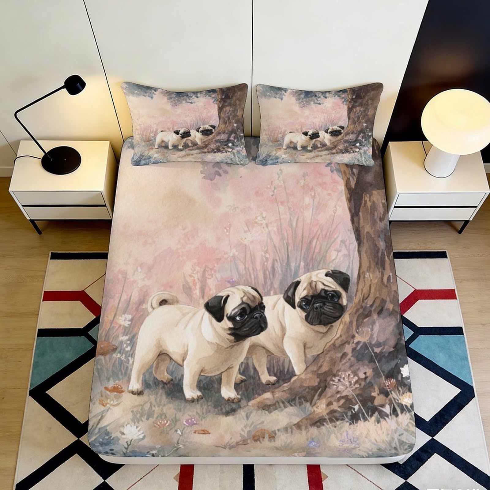3D Printed Cute Pug Pattern Fitted Sheet Microfiber Soft Breathable Puppy Design Bed Cover for Bedroom Dormitory Guest Room Mattress Protection 120x200x25cm