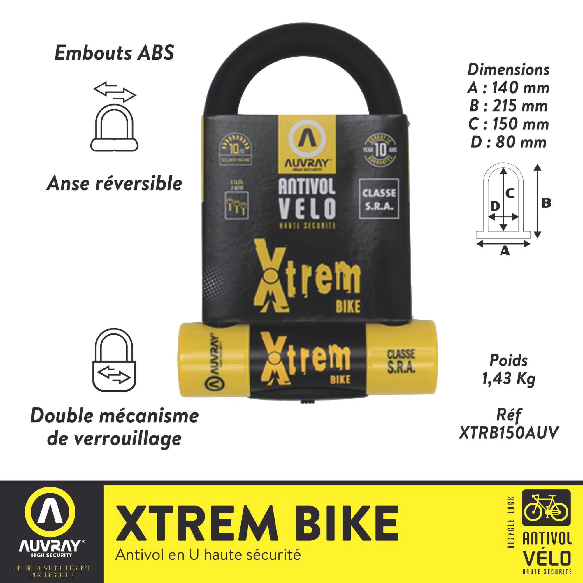 Auvray - Antivol U classe SRA - vélo, moto et scooter - homologué et ultra résistant - anse acier cémenté 18 mm - 3 clefs numérotées fournies -