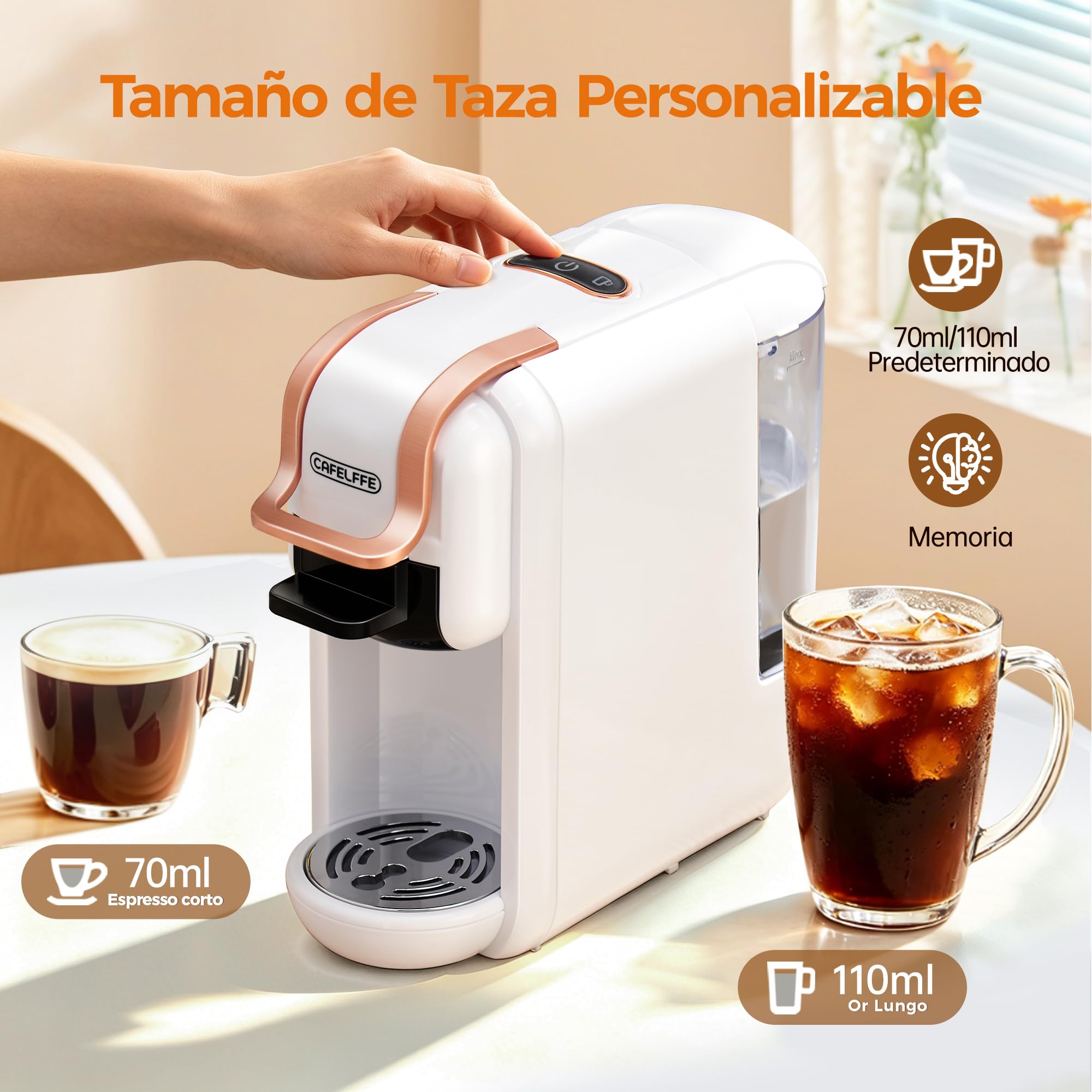 CAFELFFE MK-603 Cafetera de Cápsulas 4 en 1 Caliente/Frío Máquina de Café Expreso de una porción Individual Compatible con ESE Pods, Nes Original/DG Cápsulas y Café Molido Preparación Rápida Blanco