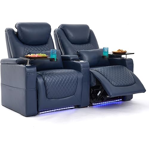 Home Theater Seating Seats, Theater Recliner Chair Sofa Game Movie Theater Chairs with 7 Colors Ambient Lighting, Lumbar Pillow, Side Pocket, Tray Table, Power Recline, Blue