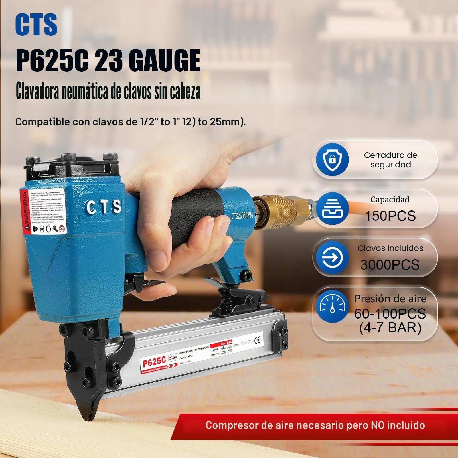CTS P625C - Clavadora de pines de calibre 23 con 3000 piezas de clavos, pistola neumática de clavos sin cabeza con bloqueo de seguridad, se adapta a clavos de pines de 1/2'' a 1'' (12 a 25 mm