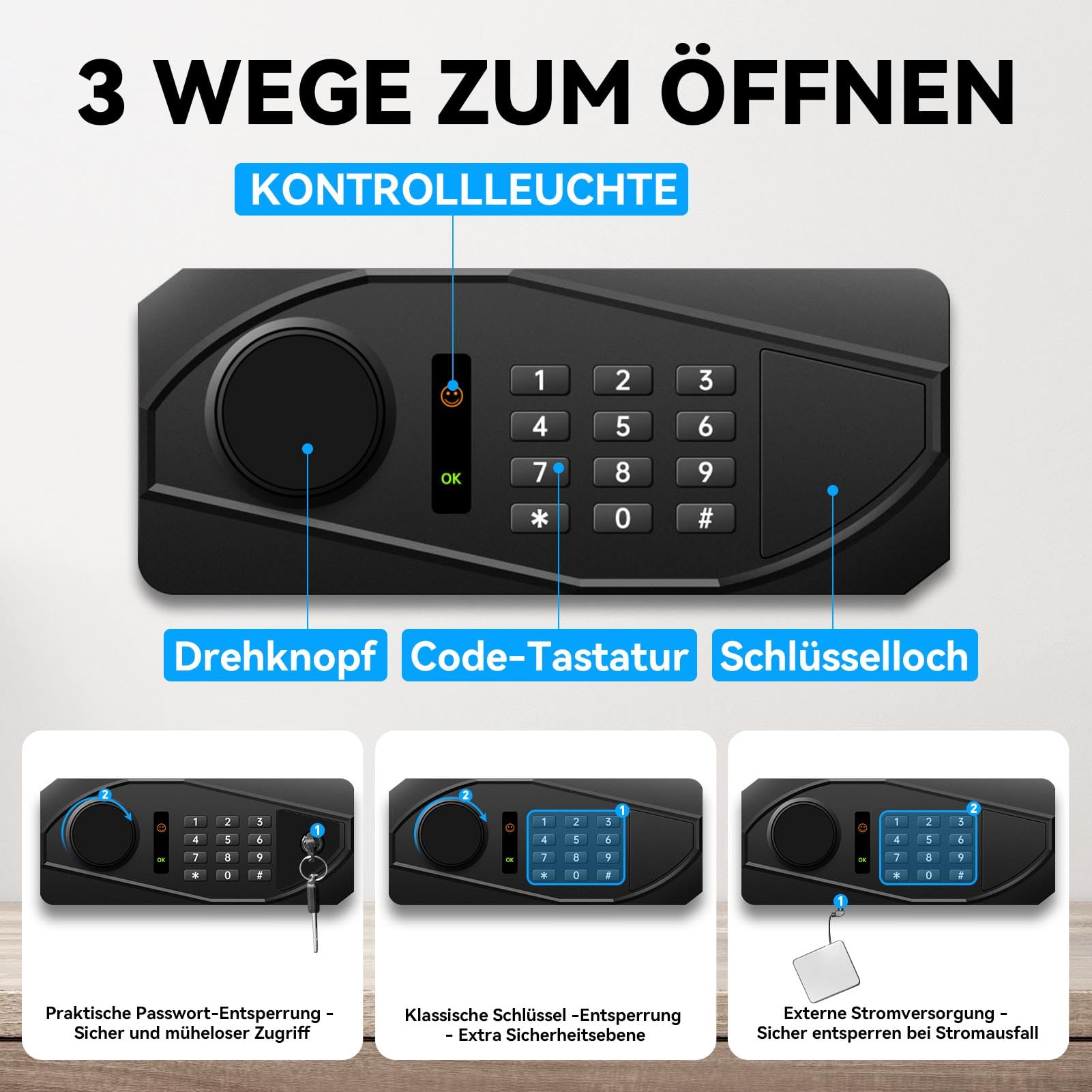 Digital Security Elektronischer Tresor mit LED-Beleuchtung, 60L Feuersicherer Safe für Zuhause, Büro, Hotel – Inklusive A4-Dokumentenbeutel und Wandmontage-Set (35x35x45cm)