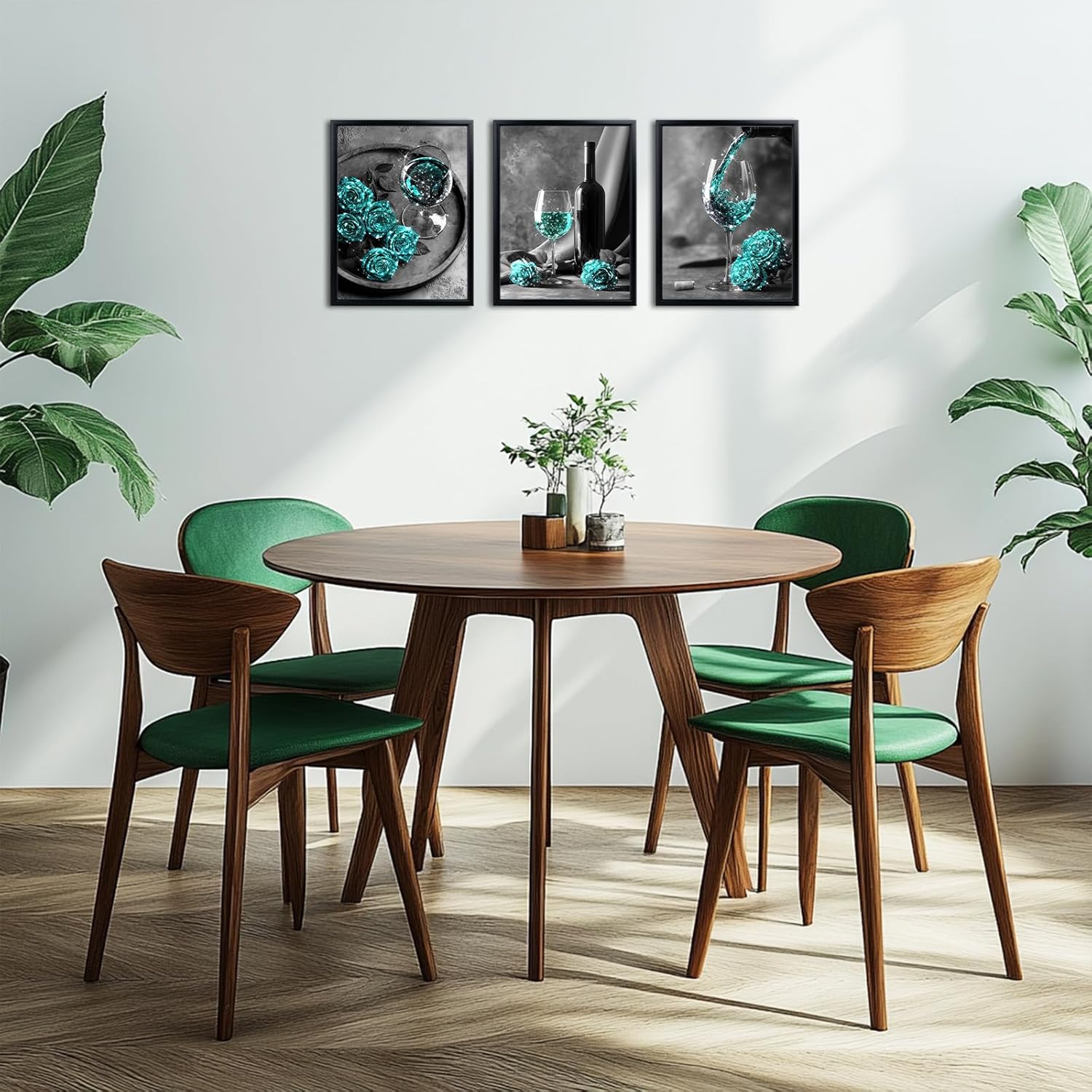 Visual Art Decor Farmhouse Kitchen Wall Decor Wine Cups Rose Flower Painting Prints, Modern Dining Room Decor Pictures, Framed Canvas Prints,12x16inchx3Pieces (Teal)