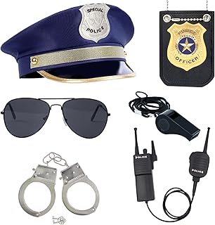 Police Officer Role Play Kit Hat Handcuffs Sunglasses Policeman Costume Accessories for Cop Swat Halloween Party Dress up (Police, Medium)