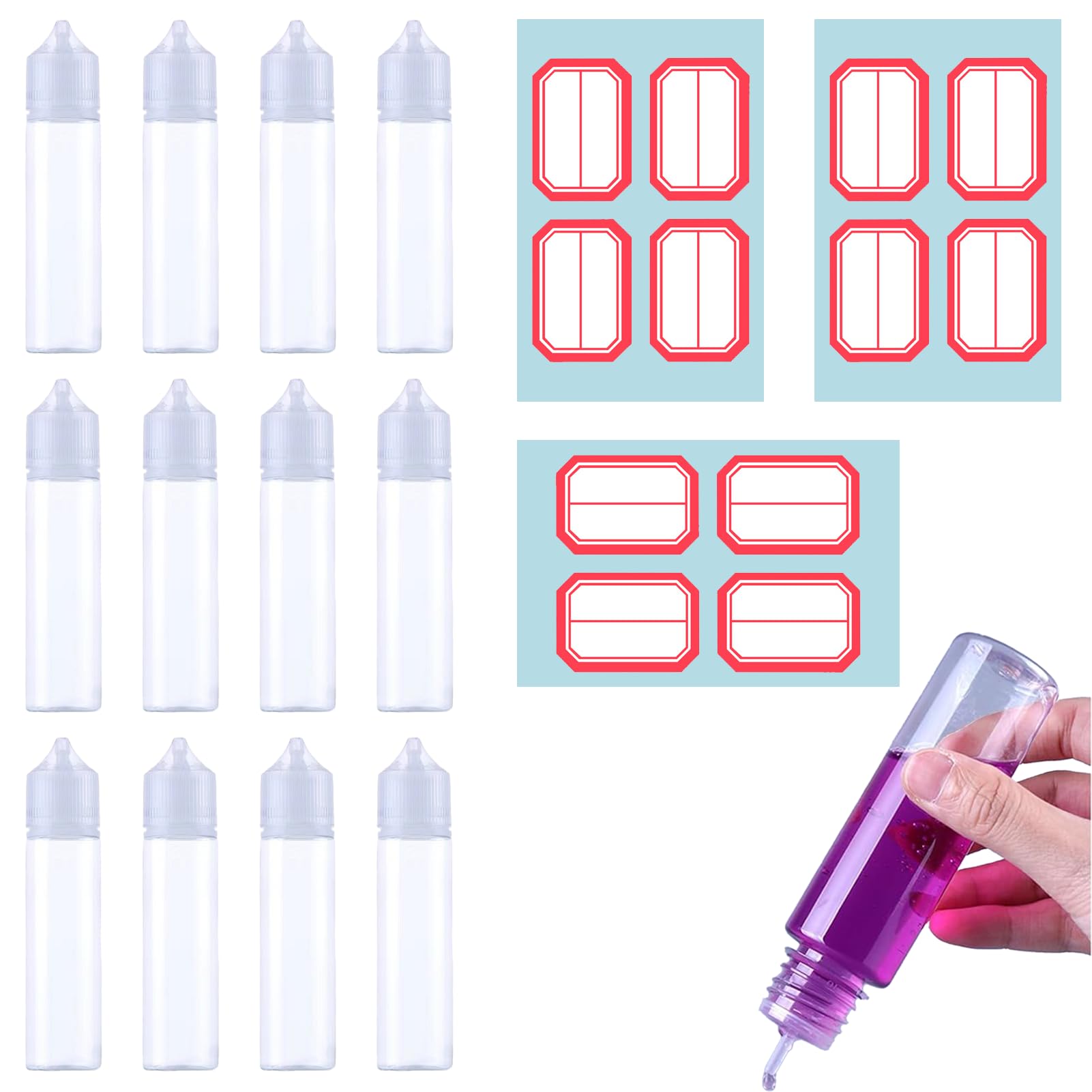 Fiole/flaconcino/bottiglietta in plastica vuota e liquida, 12 Pezzi, Flacone per E-liquido (30 ml), Fiala in plastica, Flacone contagocce, Flacone con etichette a tappo conico per colla e altri