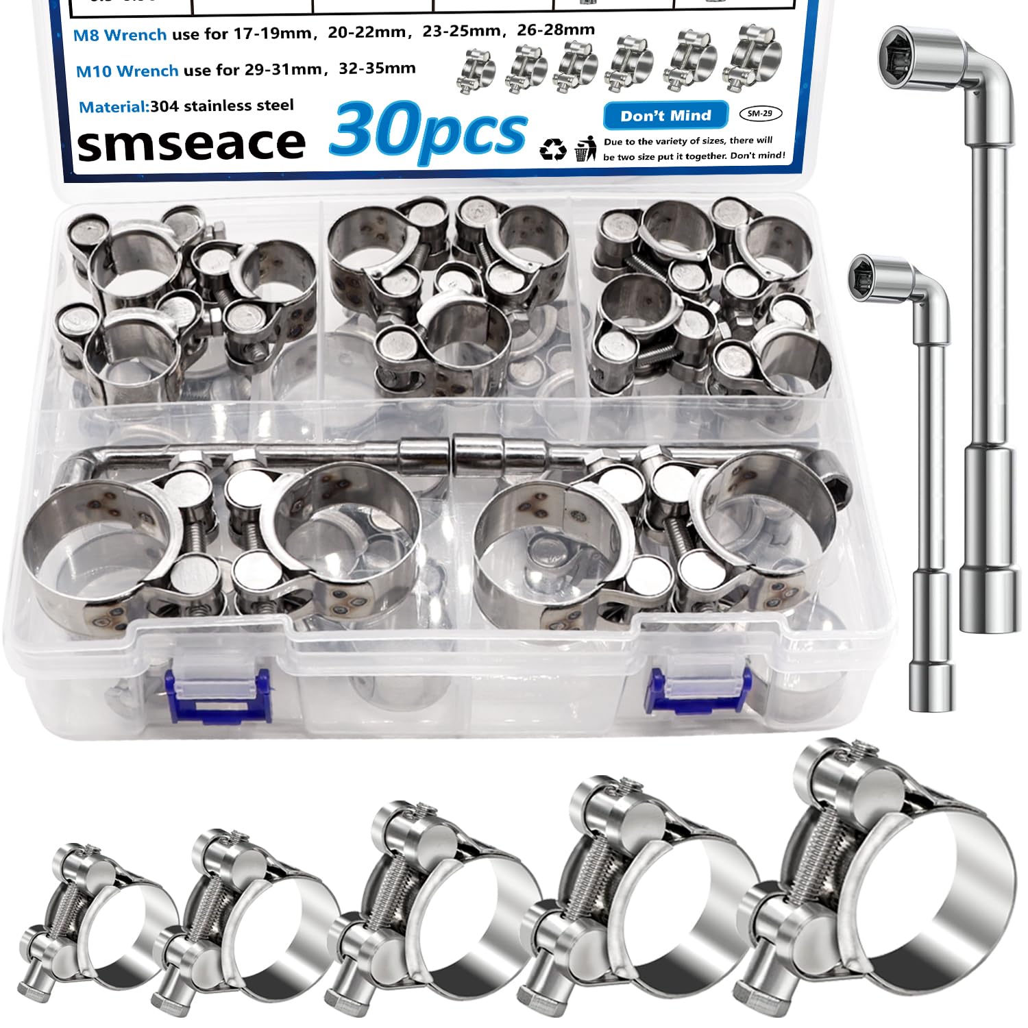 smseace 30Pcs Hose Clamps 17-35mm T-bolt Hose Clamp 304 Stainless Steel T bolt Clamp with M8 and M10 Socket Wrenches Pipe Tube Clamps