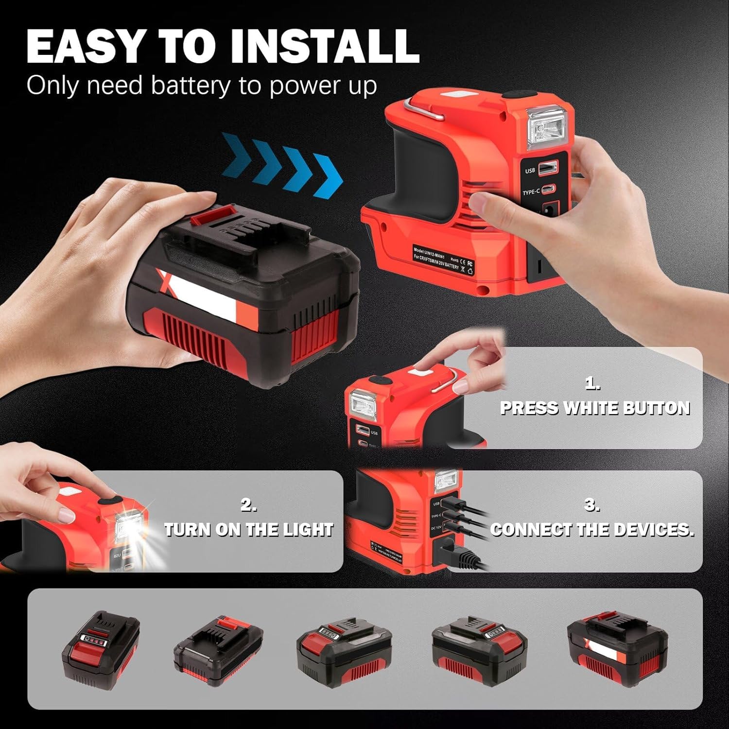 220W-Netzteil-Wechselrichter für Einhell 18V-Akku, DC 18 V auf AC 220 V Wechselrichter-Generator, USB-Stromquellenadapter für Einhell Power X-Change mit DC Port & LED-Licht & AC-Steckdose (ohne Akku)