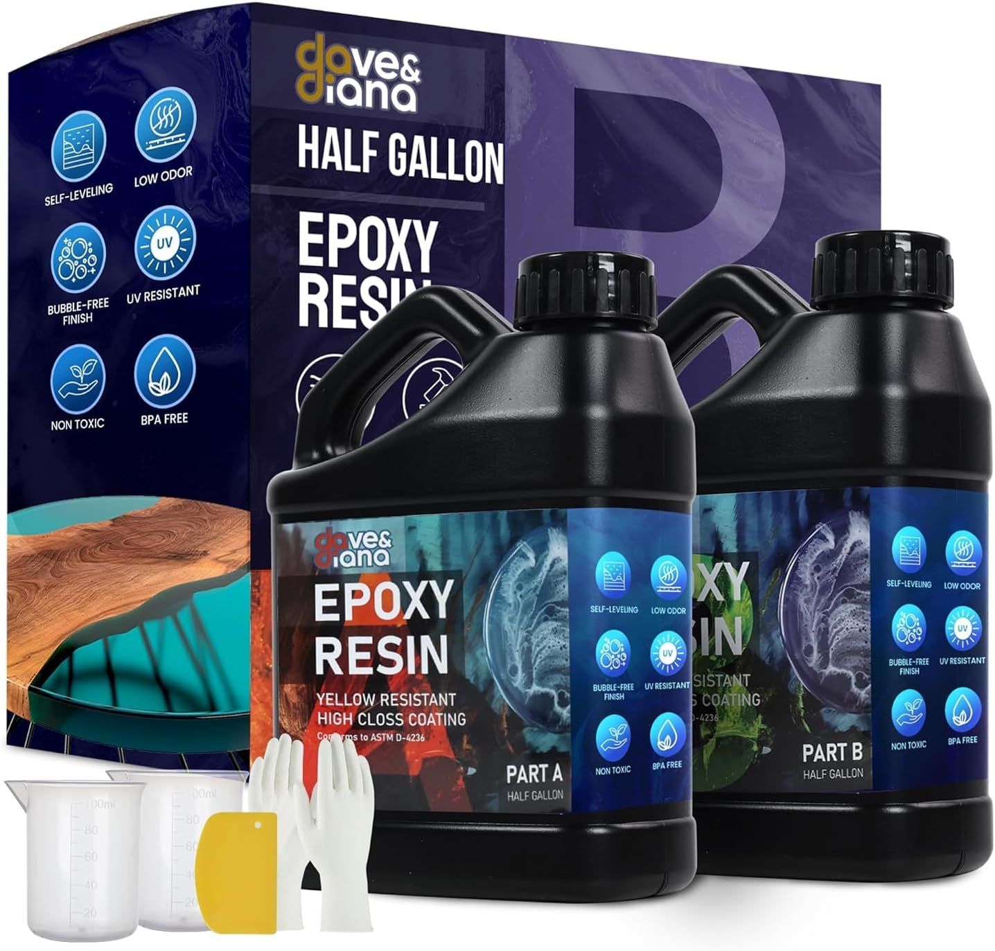 Dave & Diana Crystal Clear Epoxy Resin 2 Gallons – Includes 1 Gallon Each of Resin A & Hardener B, Anti-Yellowing, Wear-Resistant, High Gloss, No-Bubble Casting for Crafts, Jewelry, Woodwork & Molds