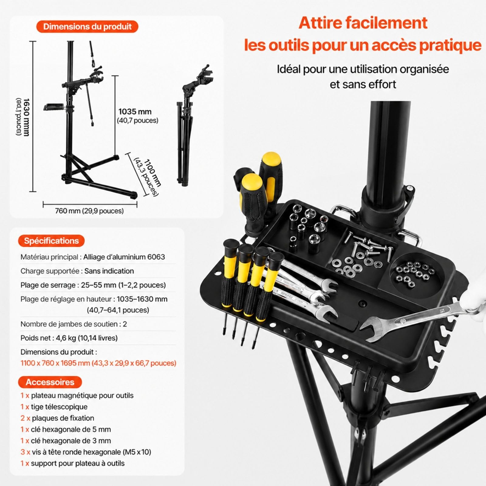 Pied d'atelier pour vélo avec plateau à outils et pince de maintien pour réparation à domicile ou atelier