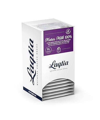 Paquetes de leche desnatada instantánea sin lactosa de Laqtia, caja de 18 unidades, hace un vaso de 8 onzas de leche sin grasa, sin OMG, libre de