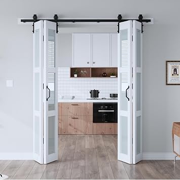 EaseLife 72"x 84" Four 18" x 84" Doors Bifold Barn Door, Bifold Sliding Barn Door with Hardware Kit, Solid MDF Wood Slab Covered with Water-Proof PVC Surface, Frosted Glass Panel, Assembly Required