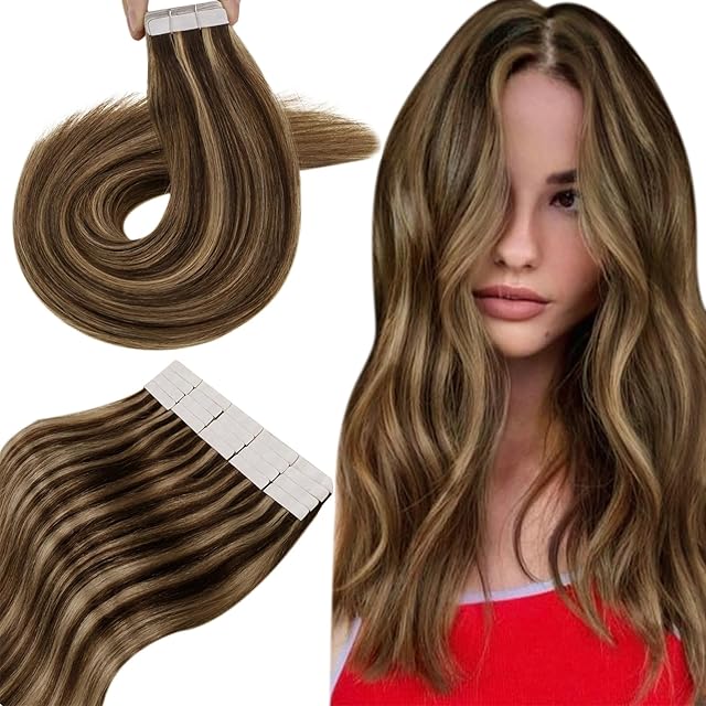 Hetto Tape in Human Hair Extensions Brown Highlight Blonde Tape in Hair Extensions Real Human Hair Tape in Hair Extensions Straight Natural Human Hair 20pcs 40g 12 Inch