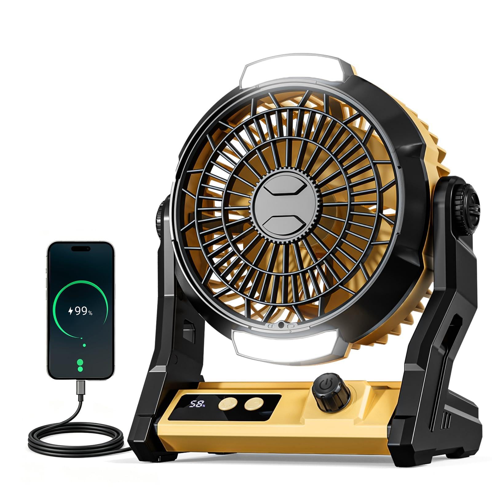 Antarctic Star Portable Camping Fan for Tent, 10000mAh Battery Operated Fan with Night Light, Stepless Speed USB Desk Fan, Quiet Personal Portable Fan with 8H Timer, Hanging Hook for Outdoor, Yellow