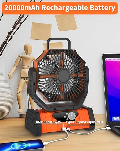 Miniatura 7 de ADUST Ventilador de camping  Ventilador de 20000 mAh con batería recargable portátil para tienda de campaña al aire libre con gancho para colgar,