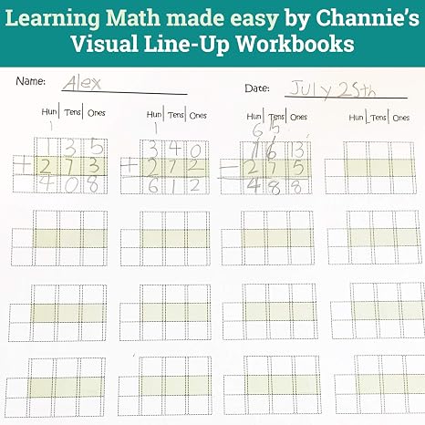 Channie's Triple Digit Math Line-Up Pad, 2nd - 3rd Grade Math Workbook, Triple Digit Addition & Subtraction Worksheets, Great for Daily Practice to Improve Math Skills & Penmanship