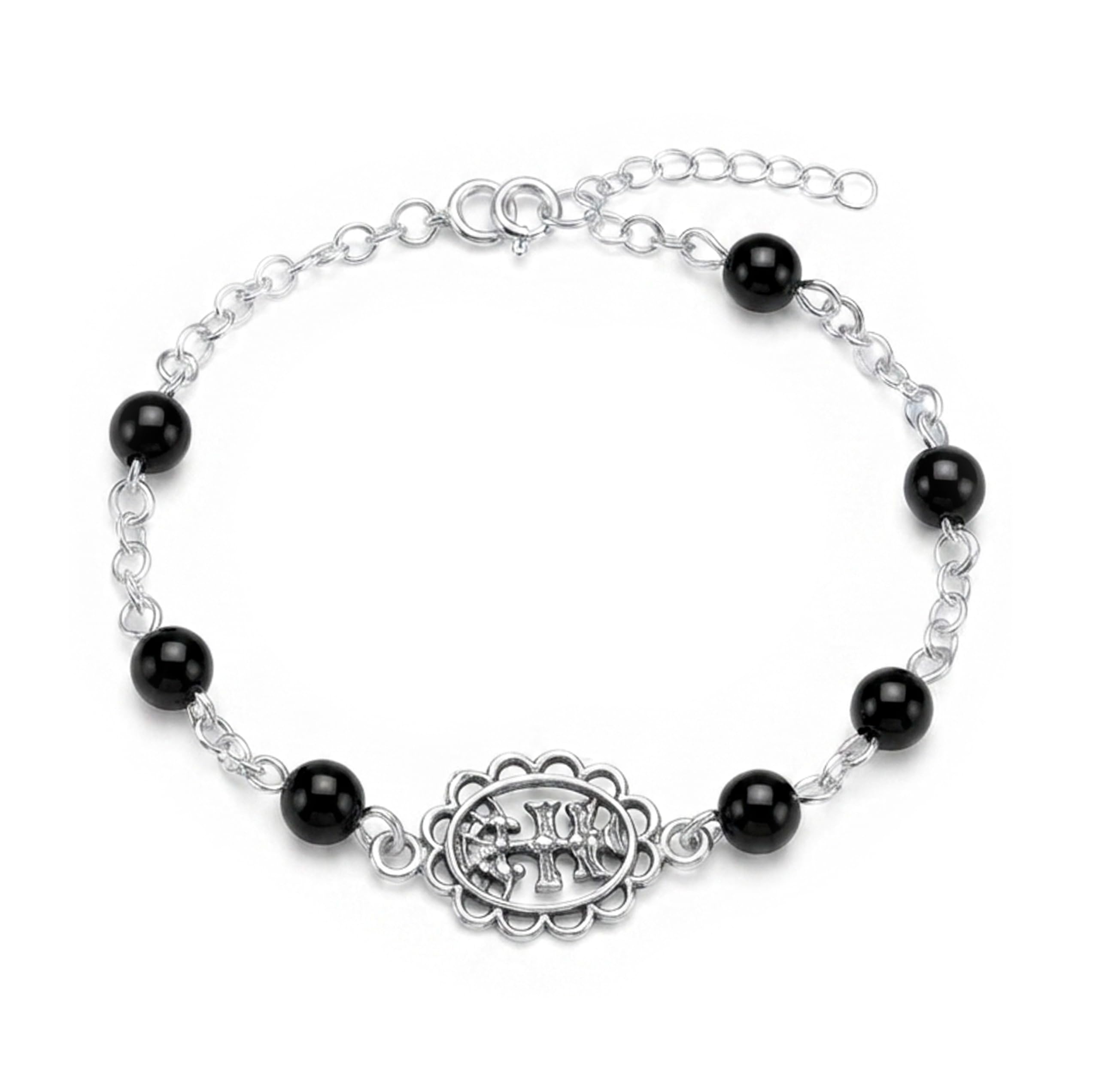 Only faith Bracciale con croce di Caravaca in argento Sterling 925 con onice nero | Pietre naturali da 6 mm, lunghezza 19 cm regolabile, design artigianale, ipoallergenico, chiusura a molla