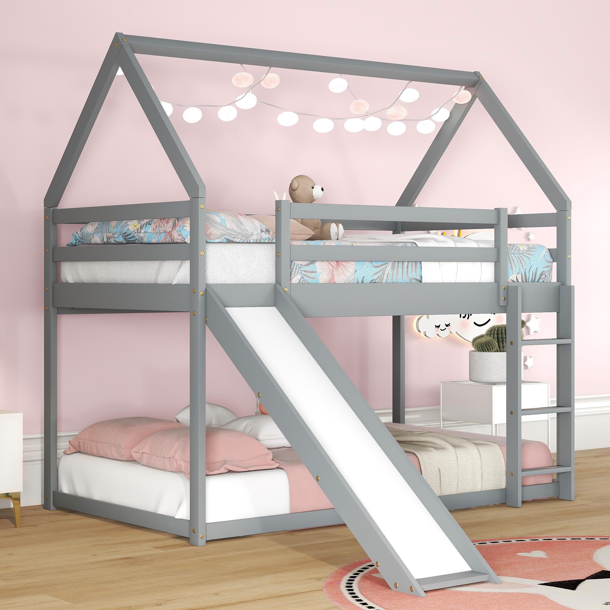 Bellemave Twin Over Twin House Bunk Bed,Floor Low Bunk Beds with Slide for Kids,Twin Over Twin,Gray