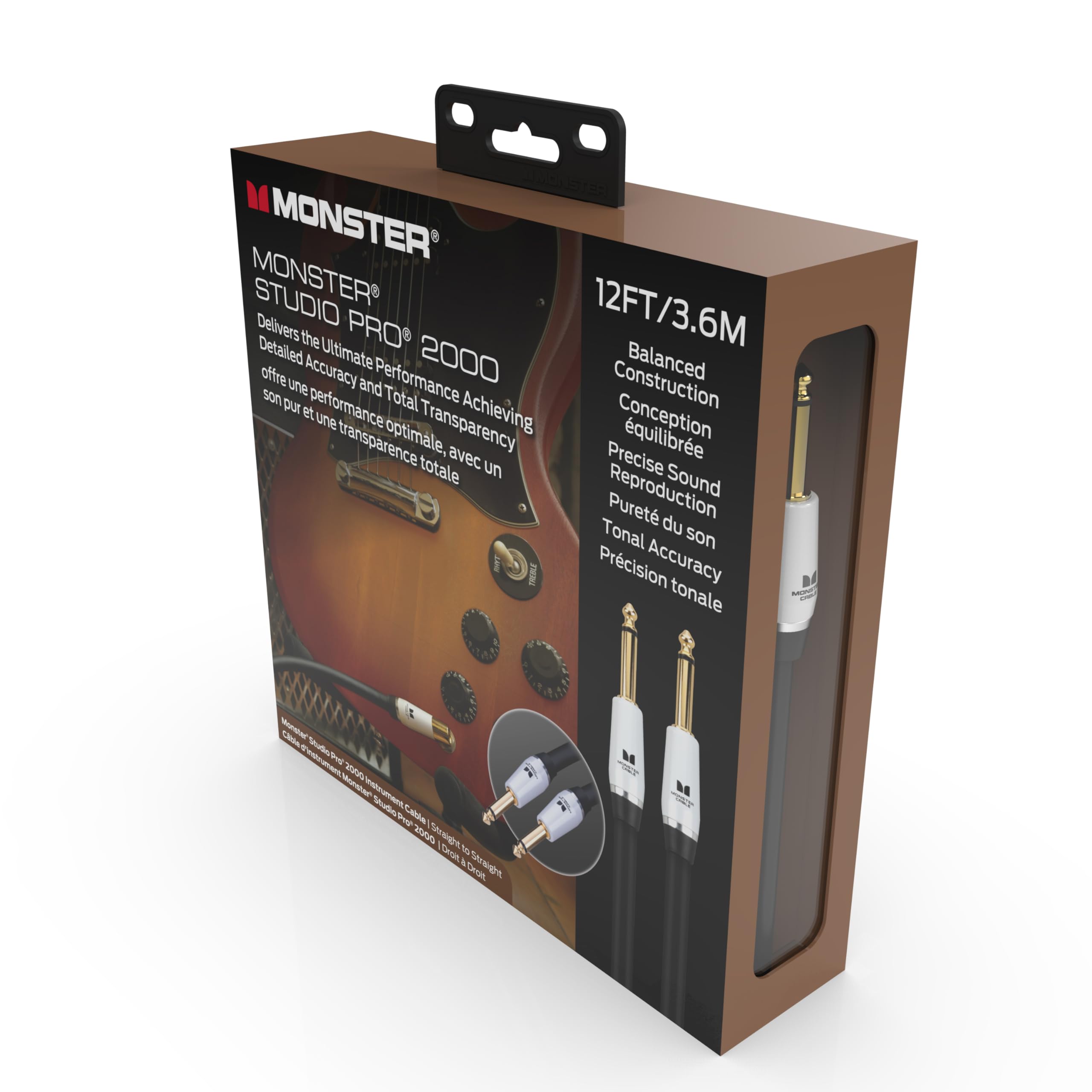 Monster Prolink Studio Pro 2000 - Cavo per strumenti da 3,7 m dritto a dritto, corda per chitarra elettrica intrecciata in rame 95%, rivestimento protettivo Duraflex con contatti in oro 24k