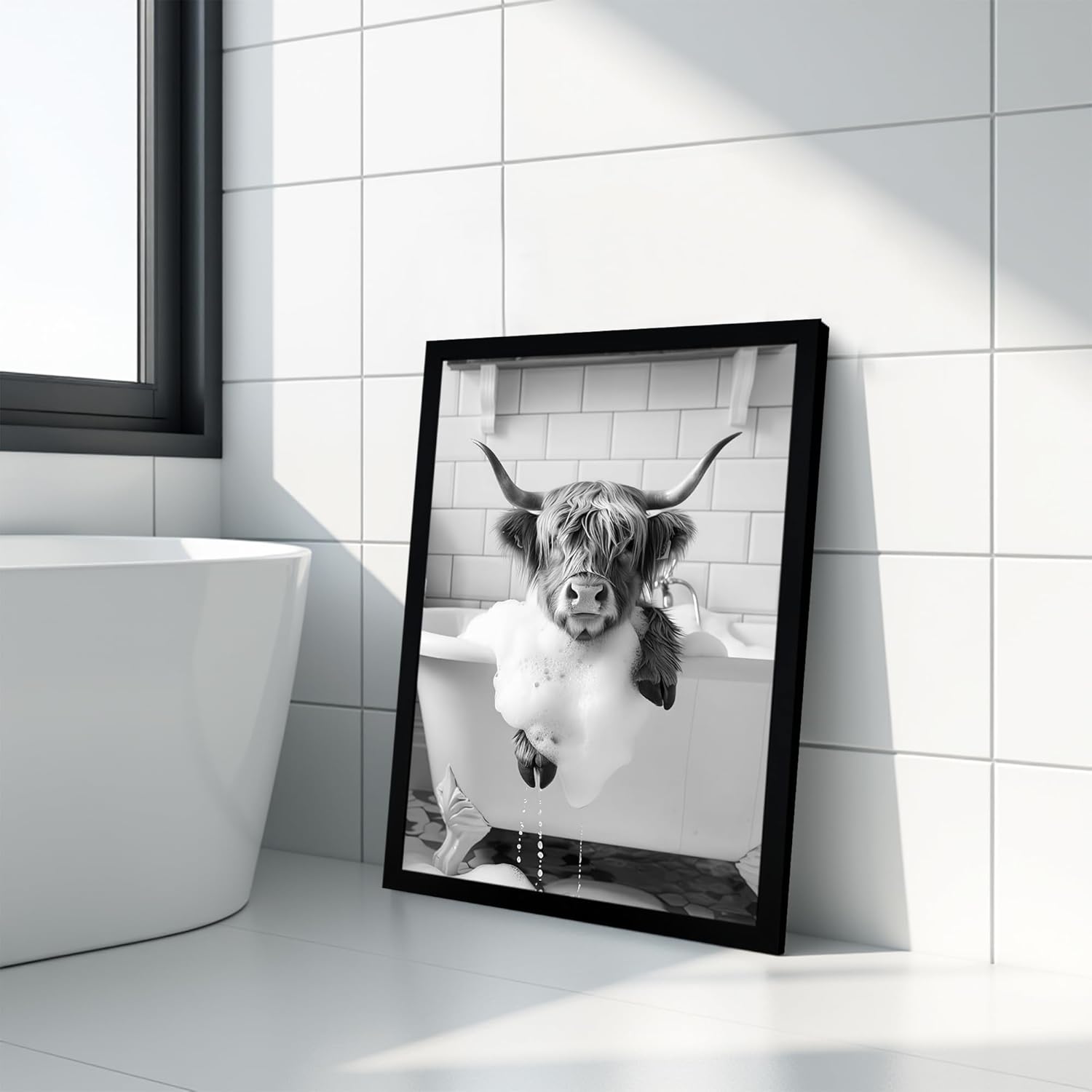 SYWENNOI Framed Black and White Bathroom Canvas Wall Art, Funny Highland Cow in Bathtub Wall Decor, Farmhouse Humor Animal Art Prints for Restroom Decoration Ready to Hang 12x16 Inches
