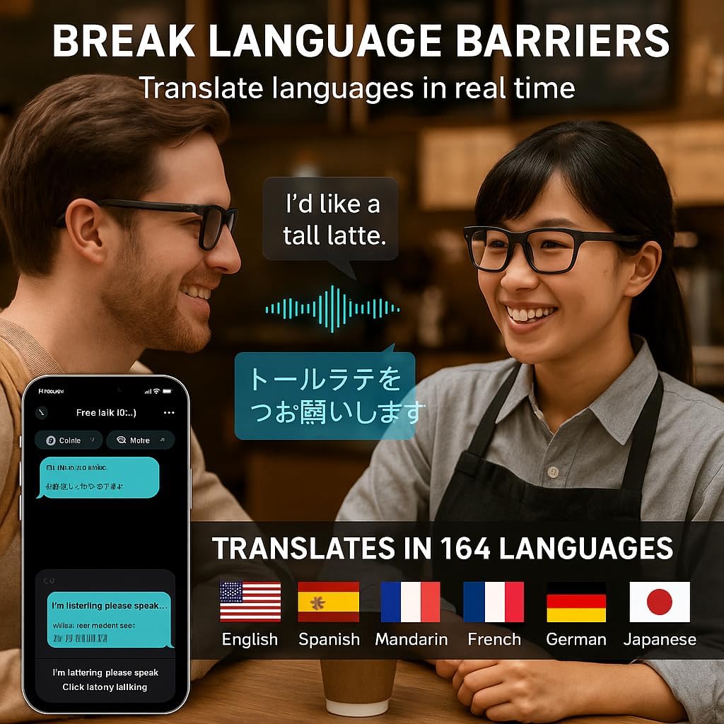 Image illustrating real-time language translation in 164 languages with smart glasses
