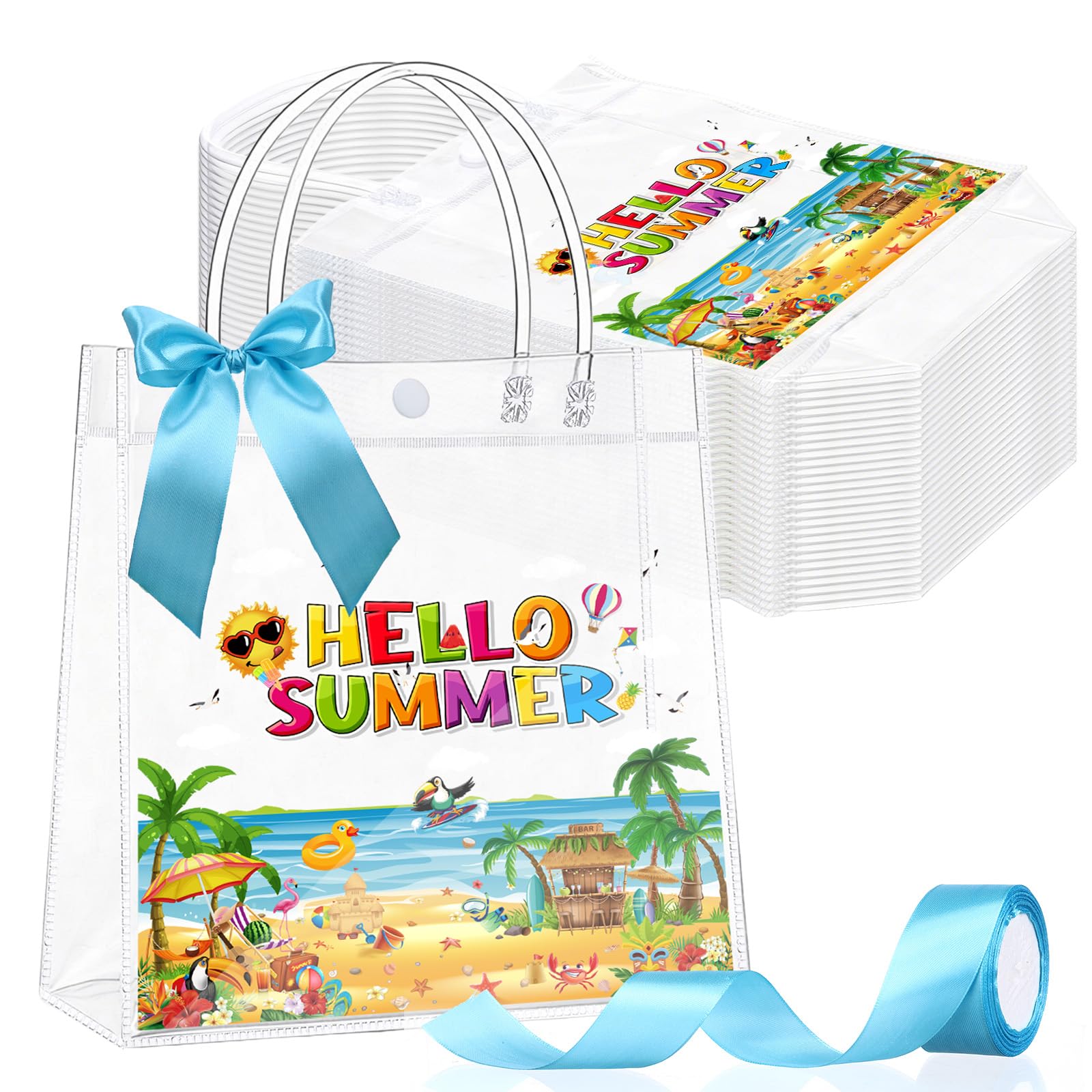 Tatuo 24 Pcs Hello Summer Gift Bags 7.9 x 3.2 x 7.9 Clear PVC Beach Bag with Handles Ribbon Bows Waterproof Goodie Candy Treat Tote for Summer Pool Beach Tropical Birthday Party Favors Supplies