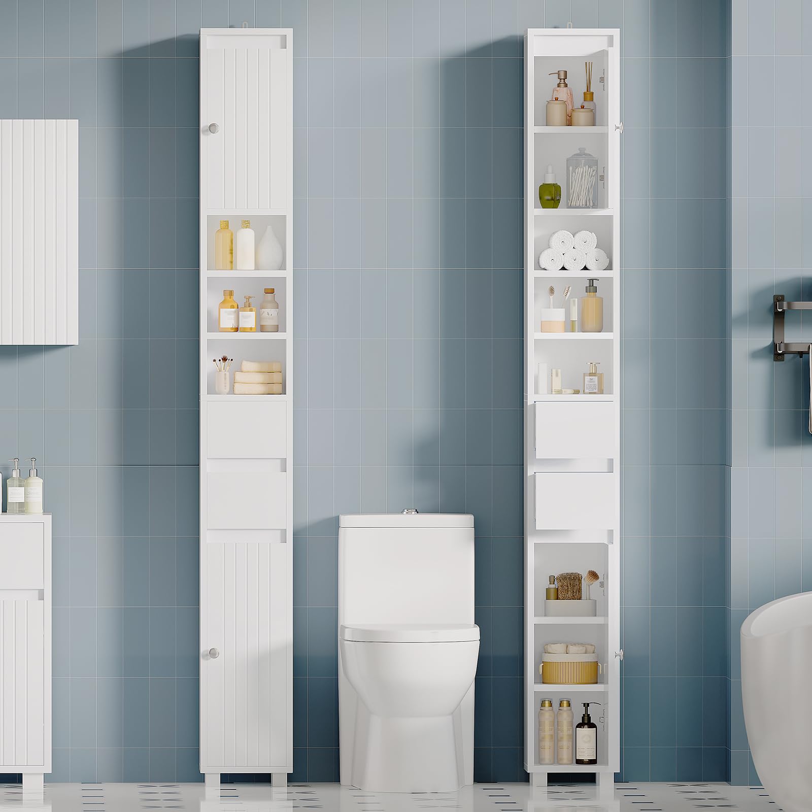 Meuble Colonne de Salle de Bain, Meuble de Rangement avec Étagères Réglables, 2 Tiroirs, Compartiments Ouverts, Armoire Toilette Haute pour Les Petits Espaces, Blanc, 20 x 20 x 180 cm