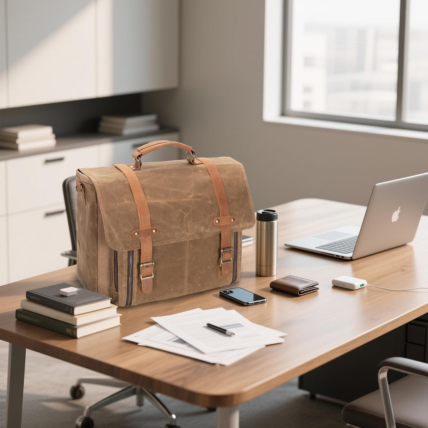 YARWO Mens Messenger Bag with Accordion File Folder, Vintage Leather Waxed Canvas Briefcase Fits 17 inch Laptop, Waterproof Crossbody Work Satchel Bag with Shoulder Strap for School, Business, Travel - Image 8