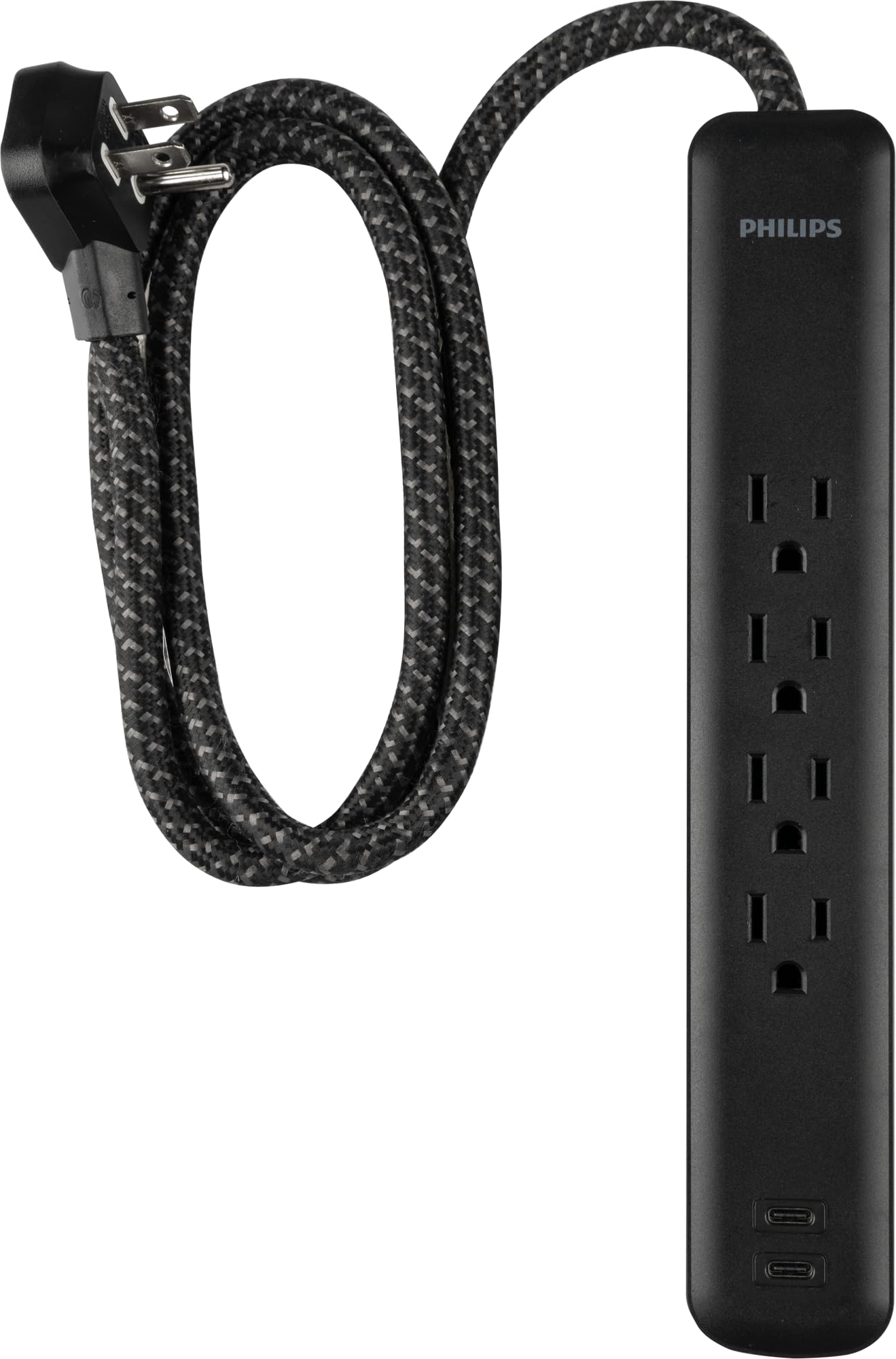 philips spp6285b/37 surge protector, 4 sockets, 2 usb-c, 15 w, 450j, braided cable, black