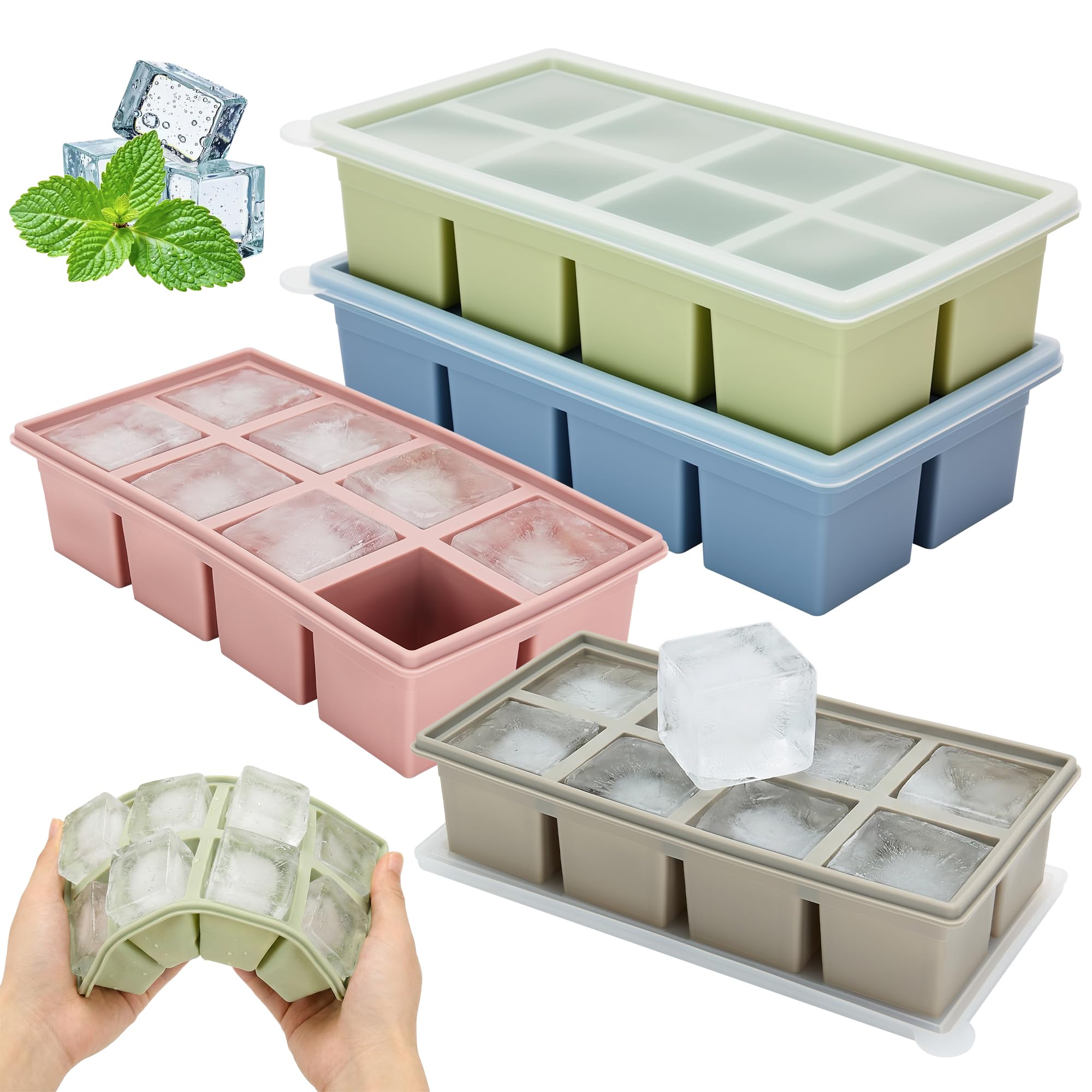 4 Pack Large Silicone Ice Cube Trays for Whiskey Easy Release 2 inch Cube Ice Trays for Cocktail Whisky Stackable Ice Cube Trays for Freezer with Leak Proof Removable Lid(4 Colors)