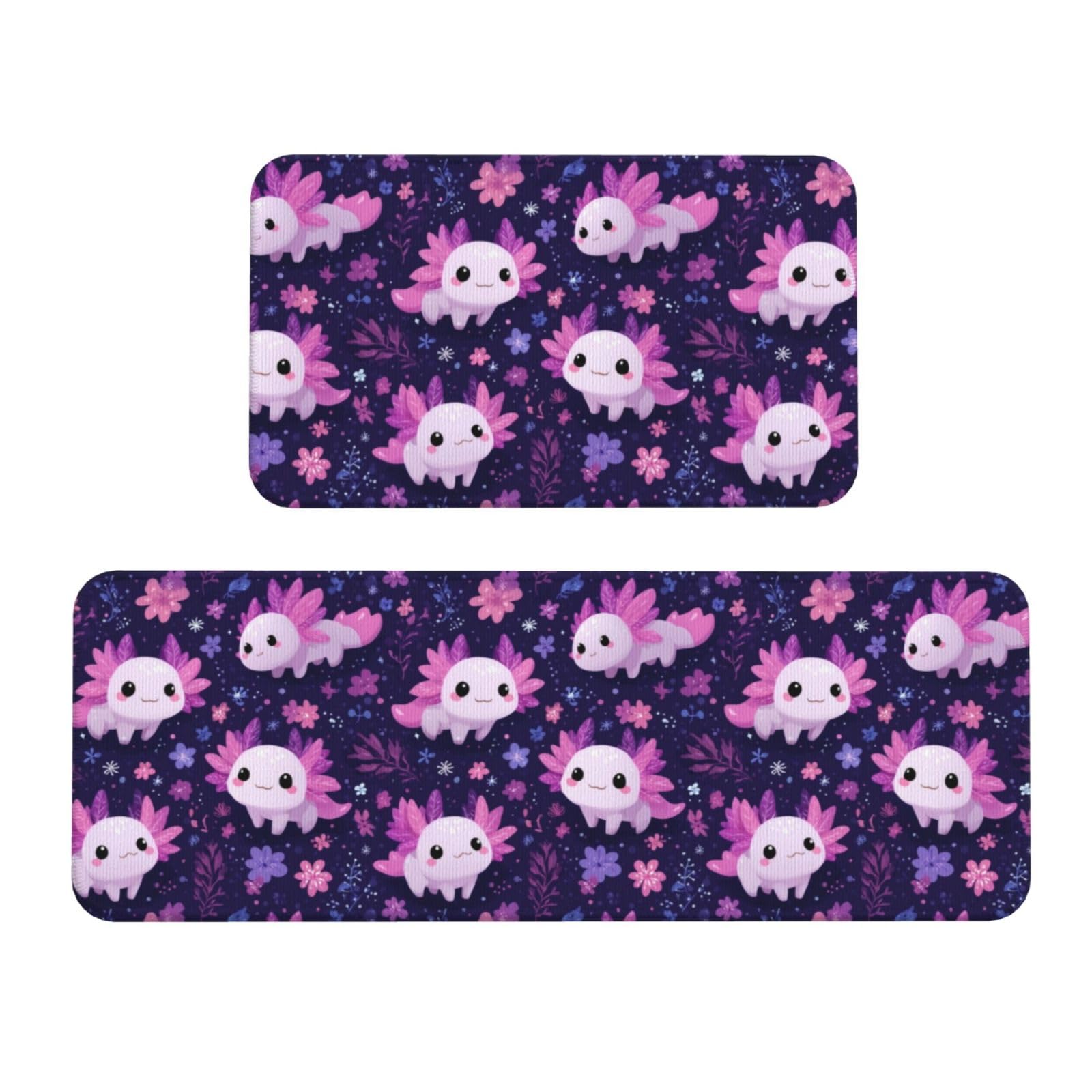 GVYGVY Antifatigue Kitchen Mats for Floor 2 Piece - Cute Axolotl Floral Print Kitchen Rugs Washable, Non Slip Runner Rug Standing Mat for Office/Bathroom/Laundry/Home Decor and Accessories